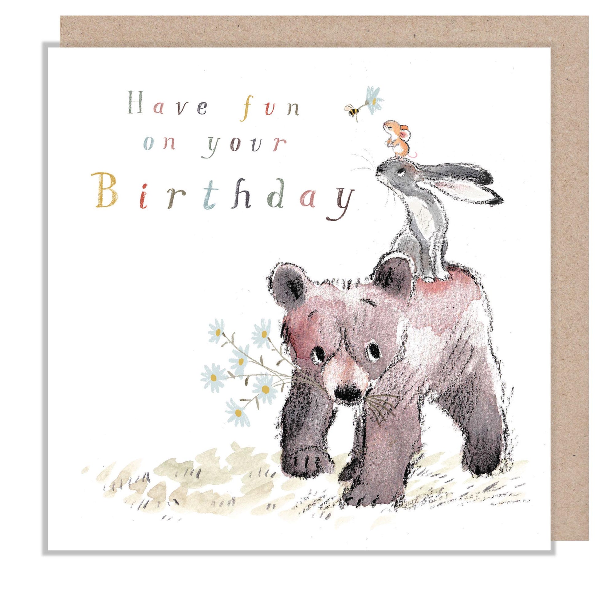 Have fun on your Birthday, Quality Greeting Card, 'the Bear, the Hare, and the Mouse' , heart warming Illustrations, made in UK, BHME033