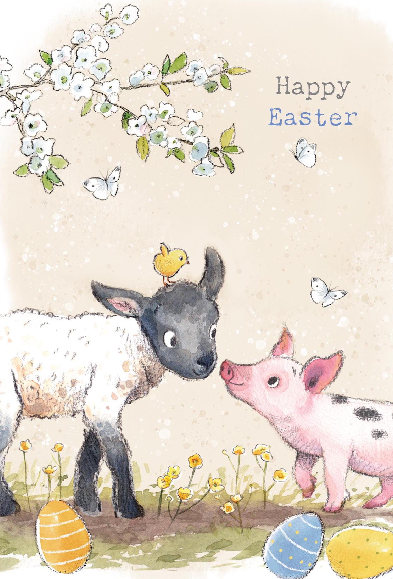 Easter Card - Quality Greeting Card - Charming illustration - 'Buttercup Farm' range - Lamb and piglet - Made UK -  BFEASTER02