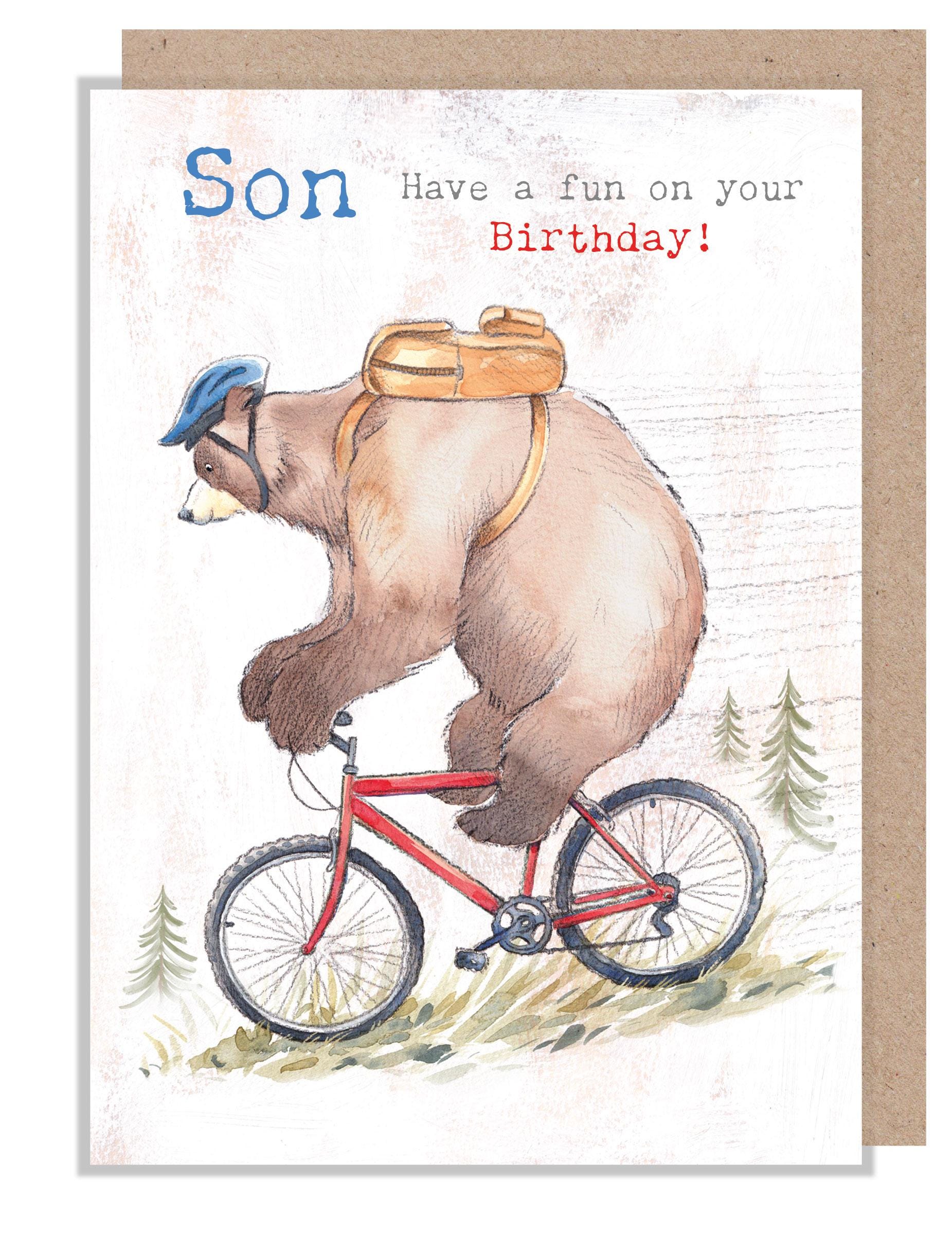 Son Birthday Card, Quality Greeting Card, Bear riding Bike 'Hey Bear' range, Fun hand drawn Illustrations, made in UK, HBE011