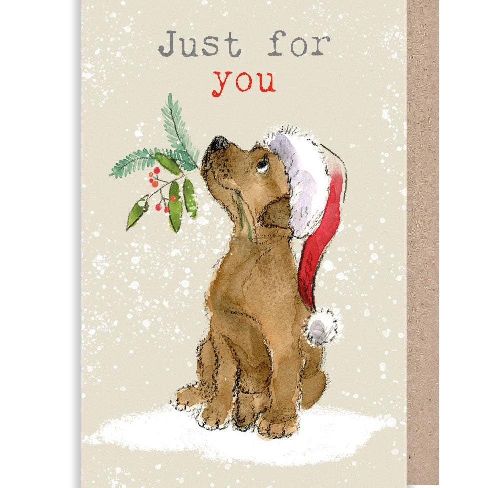 Small Christmas Gift Card -Quality Folded Gift card with envelope for a special gift - Just for you - Brown puppy design - made in UK -GC01