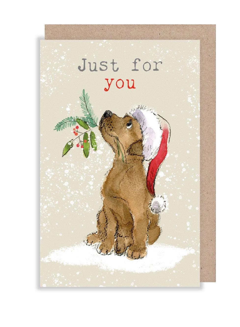 Small Christmas Gift Card -Quality Folded Gift card with envelope for a special gift - Just for you - Brown puppy design - made in UK -GC01