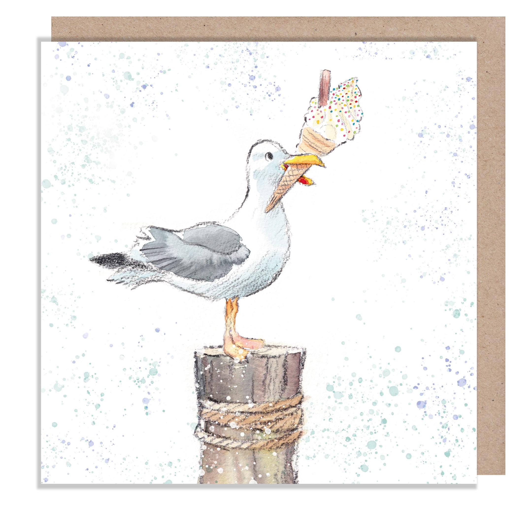Blank Card - Quality greeting Card - Seagull with ice cream illustration - 'by the Seashore' range - made in UK  - SEA011