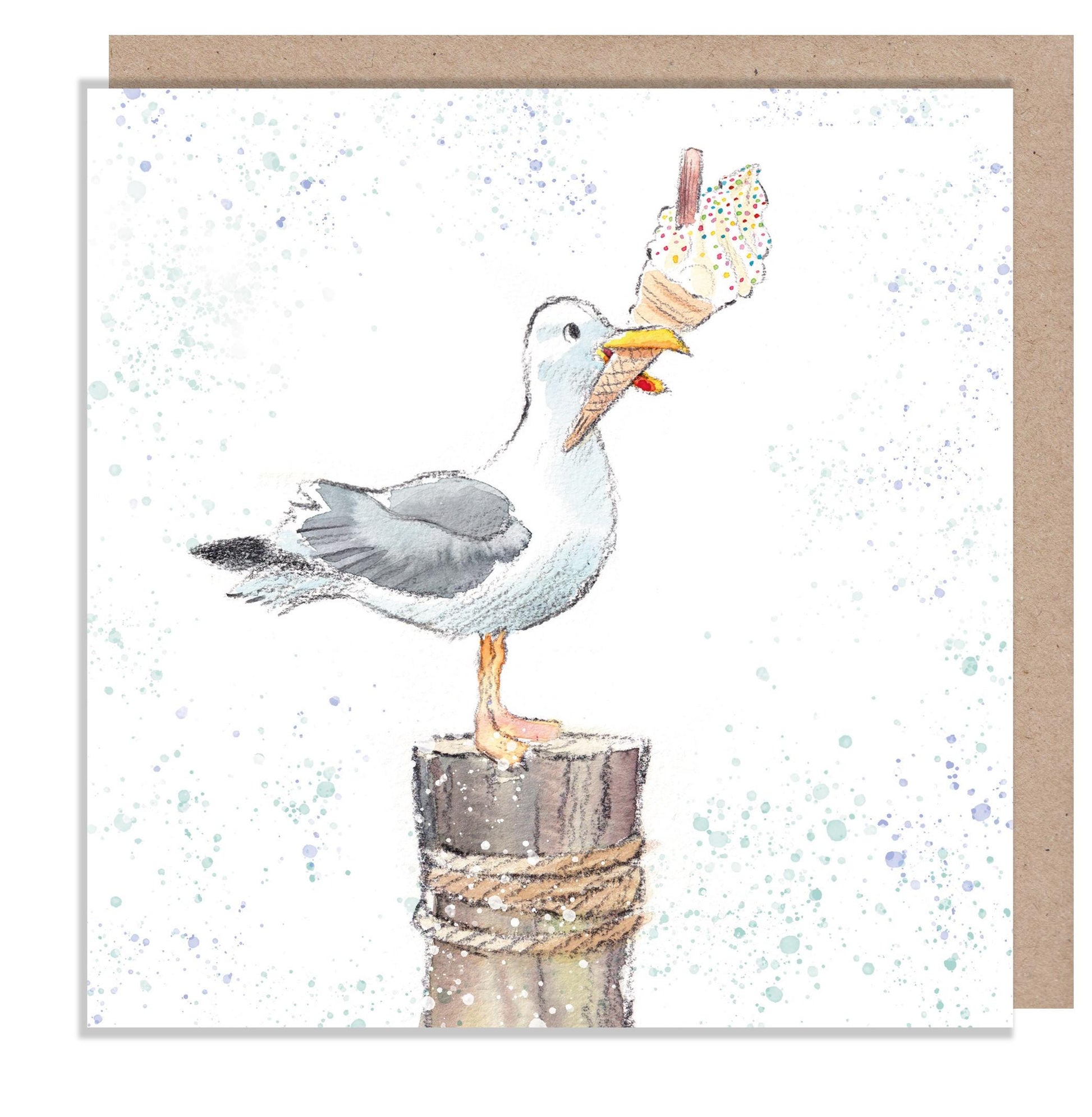Blank Card - Quality greeting Card - Seagull with ice cream illustration - 'by the Seashore' range - made in UK  - SEA011