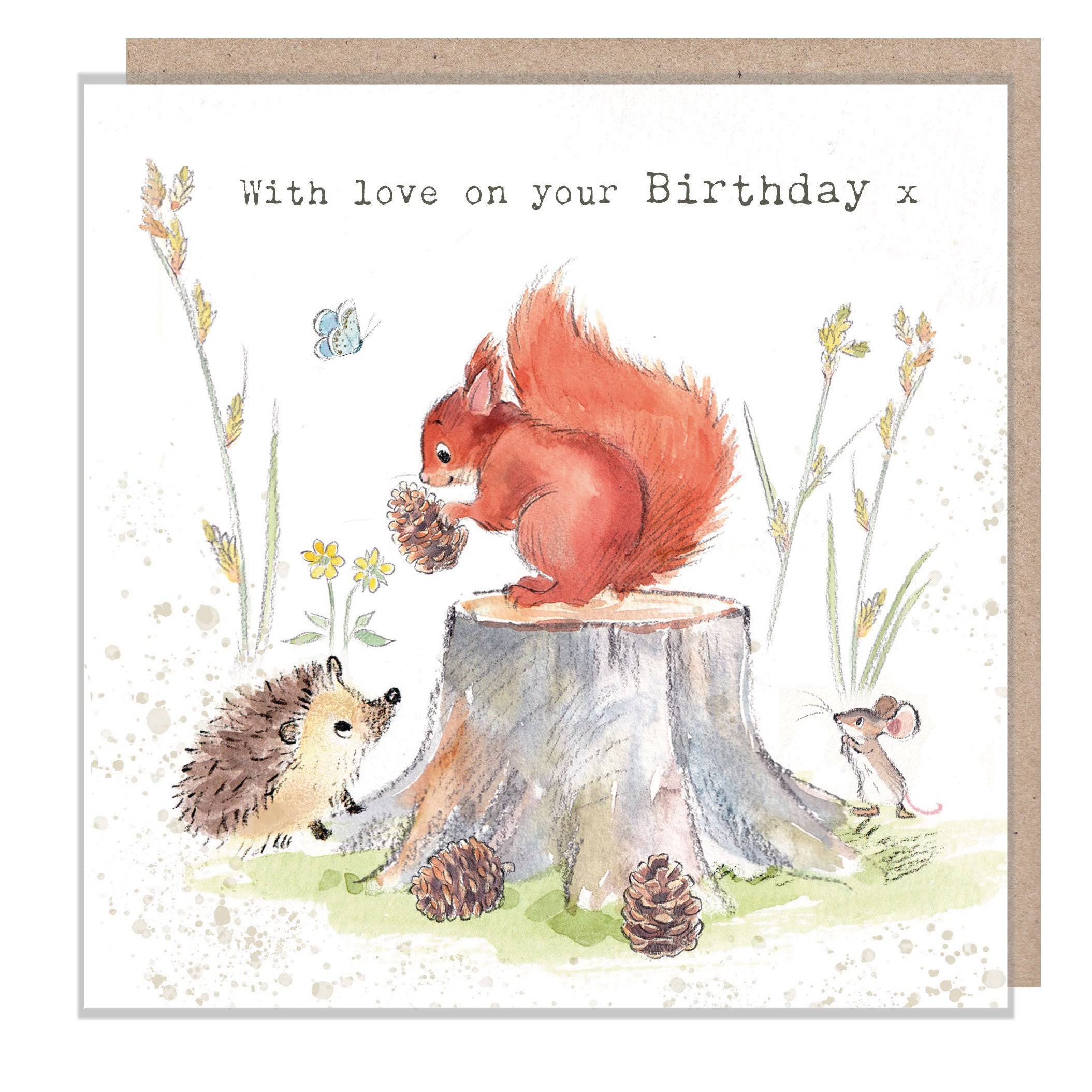 Squirrel Birthday Card - Charming illustration - Red Squirrel and Hedgehog - 'Bucklebury Wood'  range - Made in UK -  BWE012