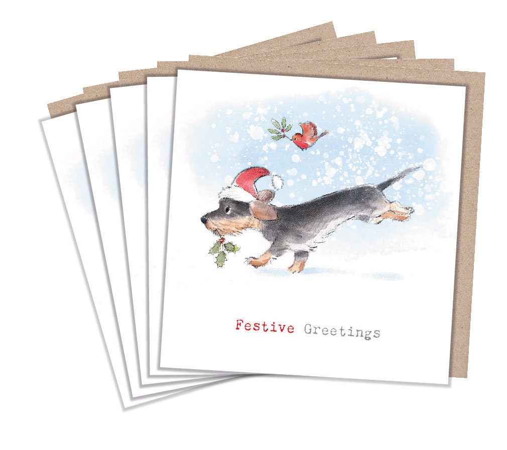 Christmas Card pack - 5 small quality cards with brown recycled envelopes -125 x 125mm-  one design - Running Puppy -  XPACK02
