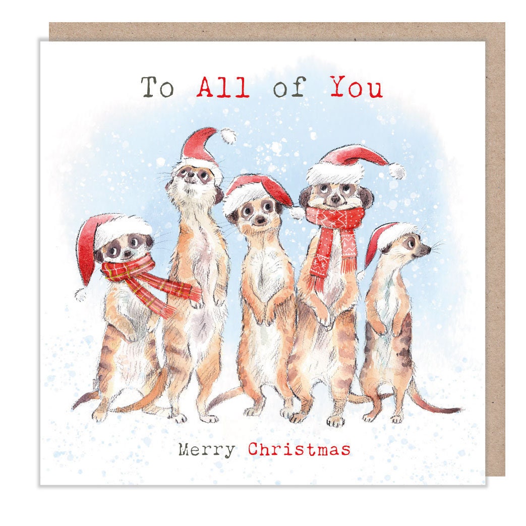 To All of You - Quality Christmas Card - 150 x 150mm - Charming Meerkats illustration - 'Wonderfully Wild'  range - Made in UK -  WWX07