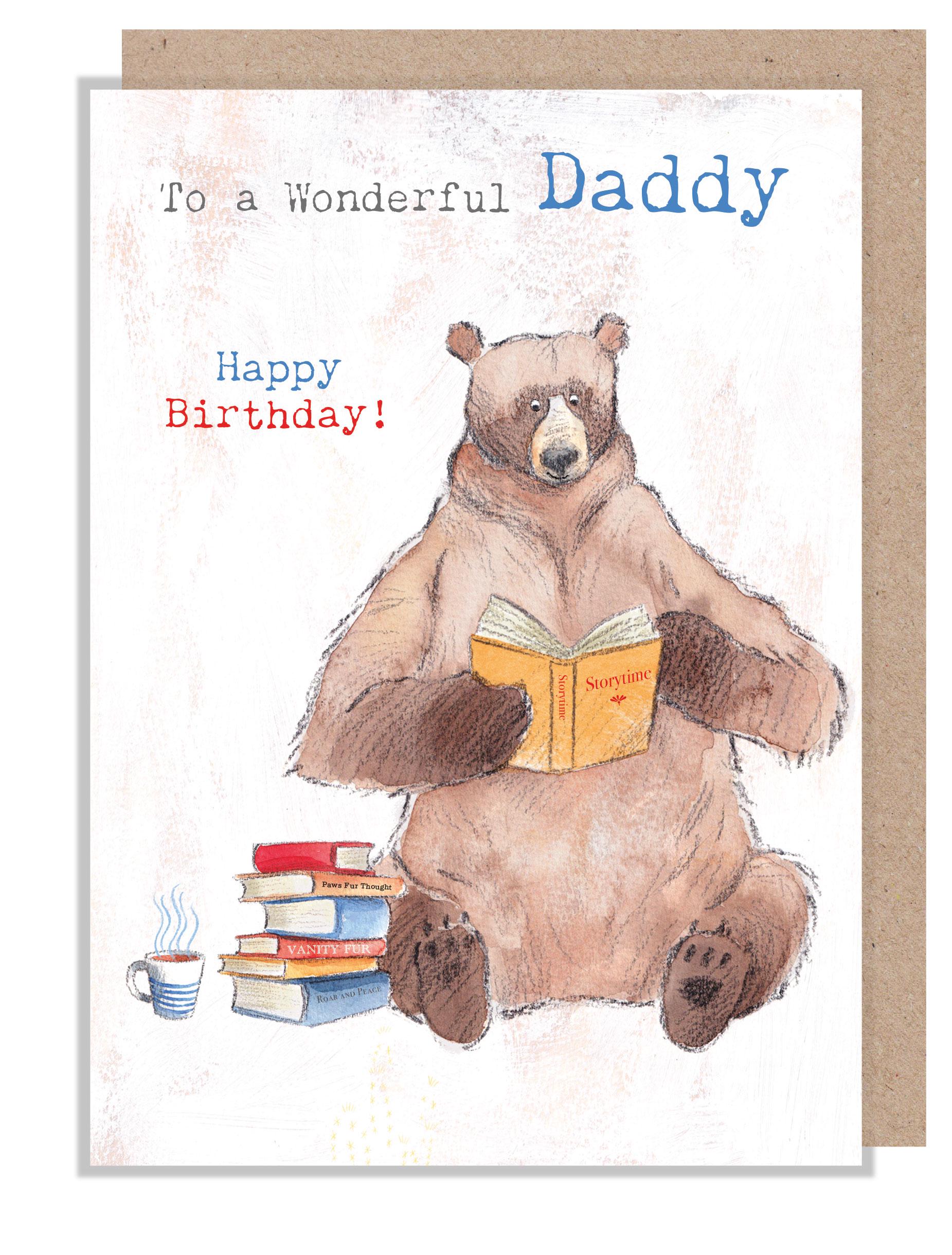 Daddy Birthday card, Quality Greeting Card, Bear reading books 'Hey Bear' range, Fun hand drawn Illustrations, made in UK, HBE09