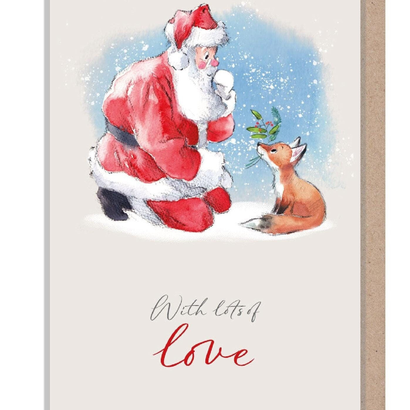 Small Christmas Gift Card - Quality folded Gift card with envelope for a special gift - lots of love - Santa and Fox design -made in UK GC02
