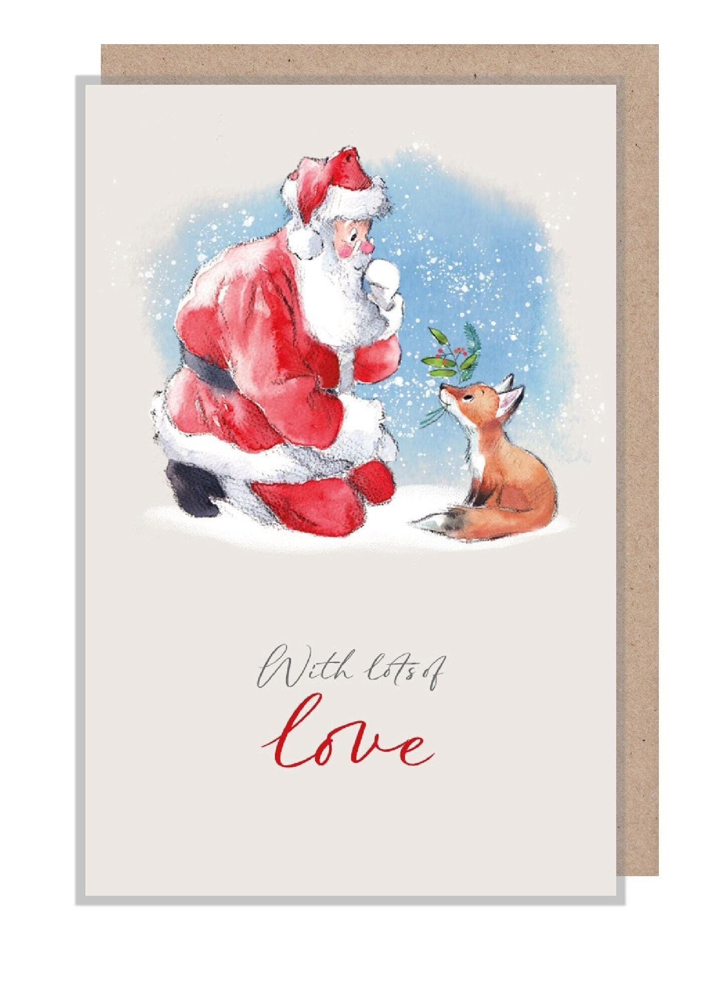 Small Christmas Gift Card - Quality folded Gift card with envelope for a special gift - lots of love - Santa and Fox design -made in UK GC02