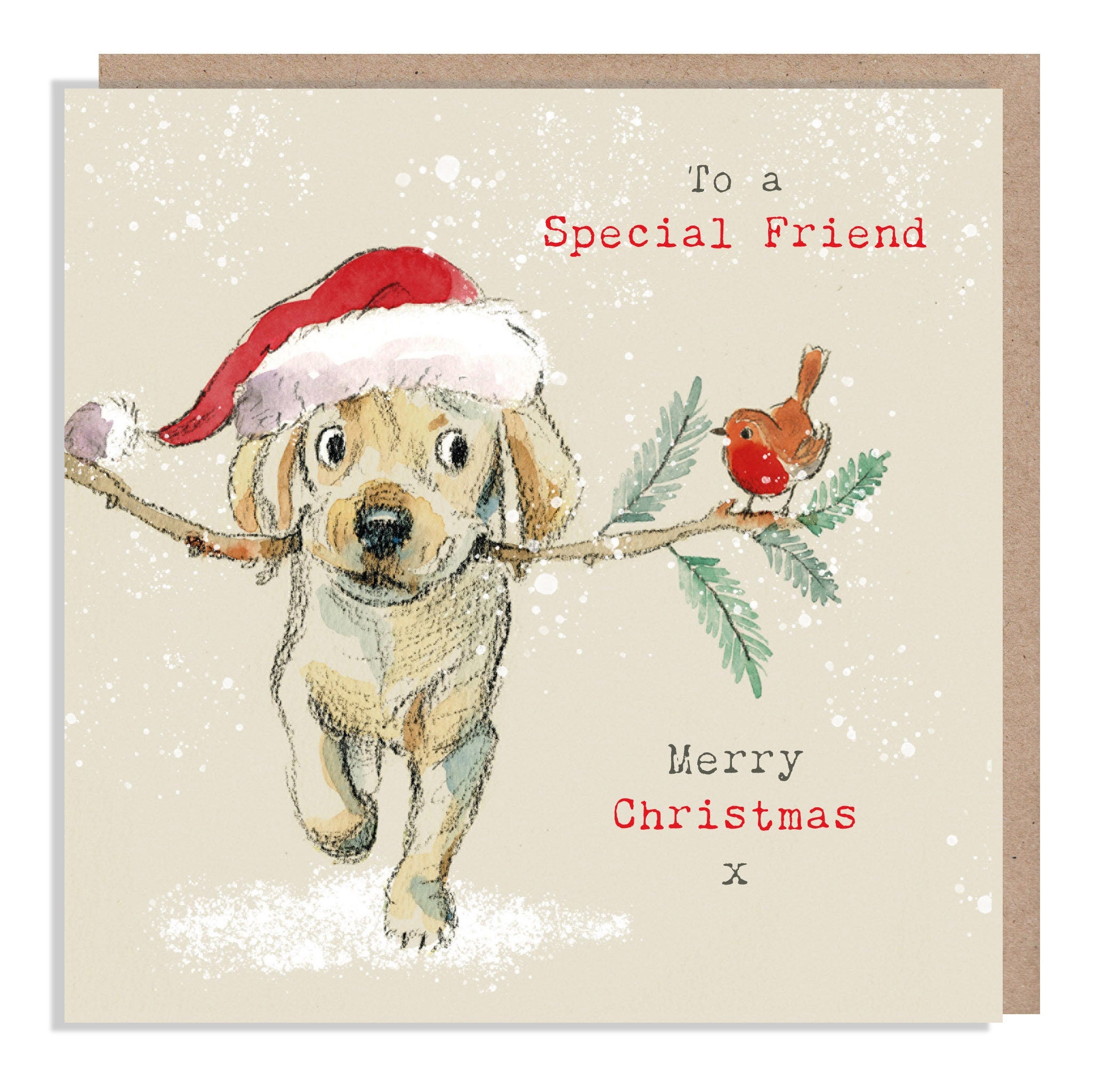 Special Friend Christmas Card - Quality Greeting Card - Charming illustration - 'Absolutely Barking'-  Labrador puppy - Made in UK -  ABX03