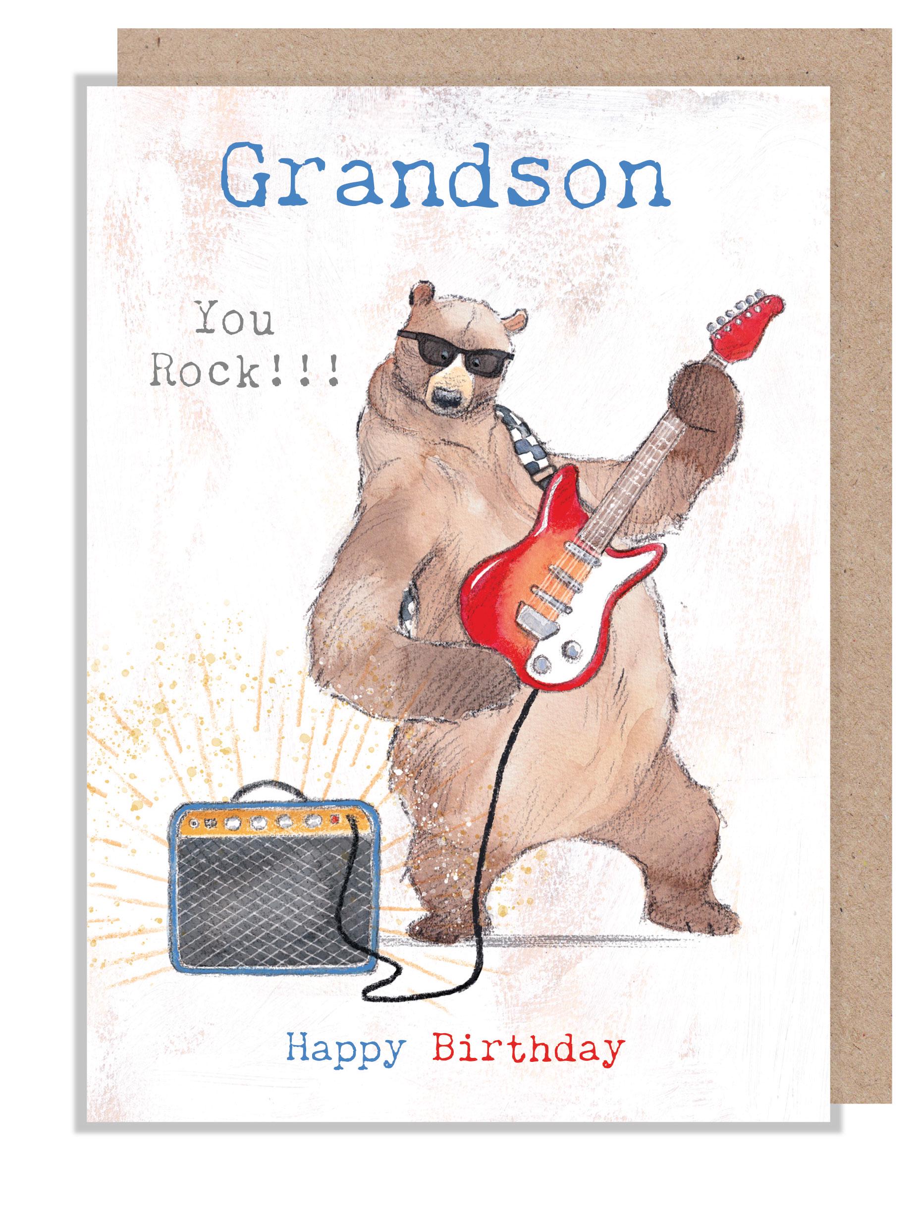 Grandson Birthday card, Quality Greeting Card, Bear playing Guitar 'Hey Bear' range, Fun hand drawn Illustrations, made in UK, HBE012