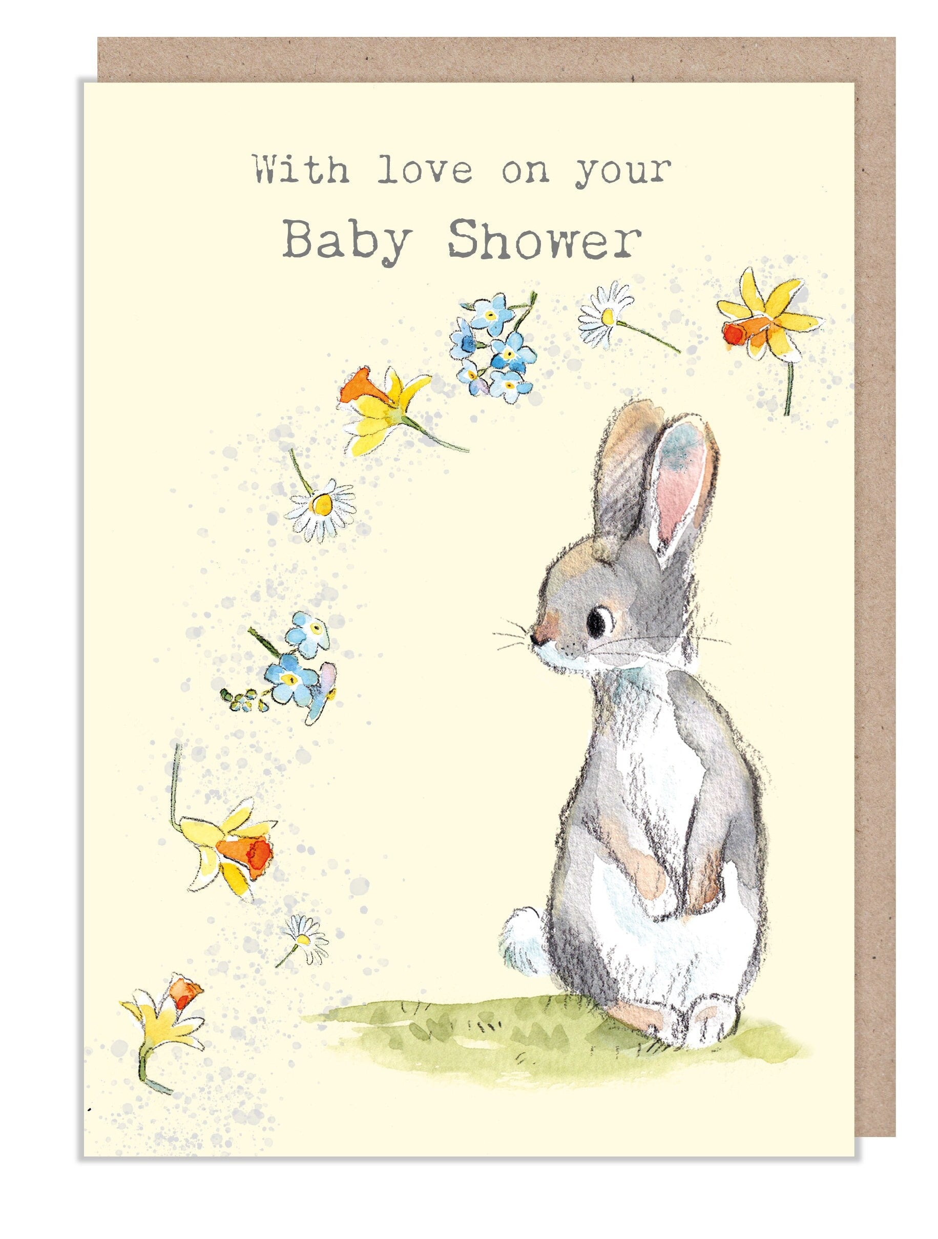 Baby shower card - Cute Rabbit with Flowers Illustration - BWE042