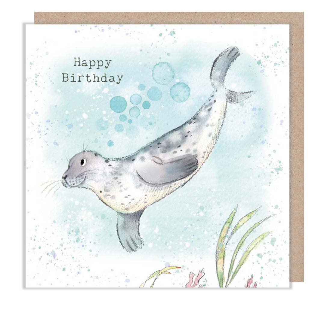 Seal - Happy Birthday - Quality greeting Card - Seal underwater illustration - 'by the Seashore' range - made in UK  - SEA04