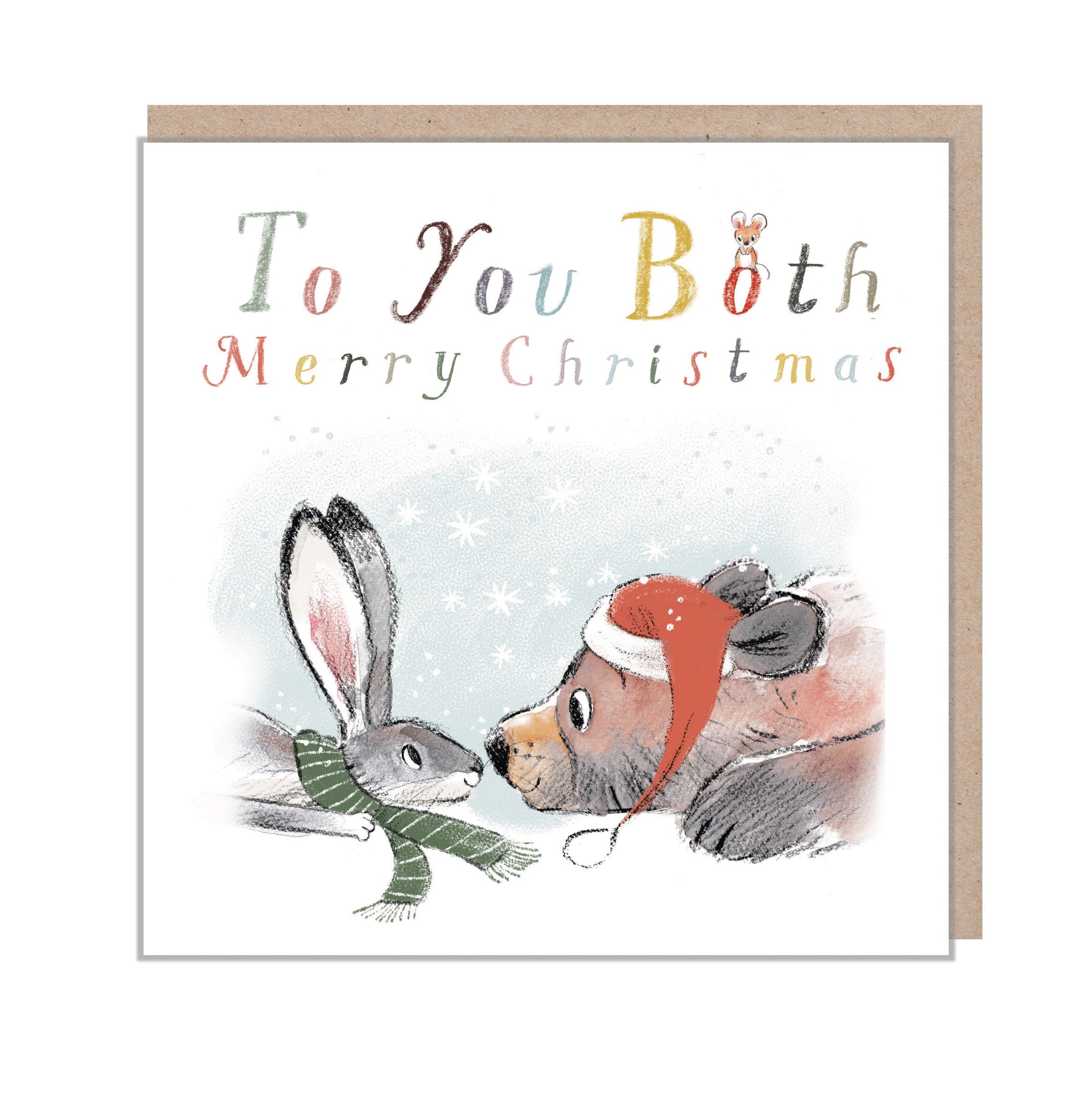 To you Both Christmas Card, 'the Bear, the Hare, and the Mouse', Cute heart warming  Bear Illustration, made in UK, BHMX08