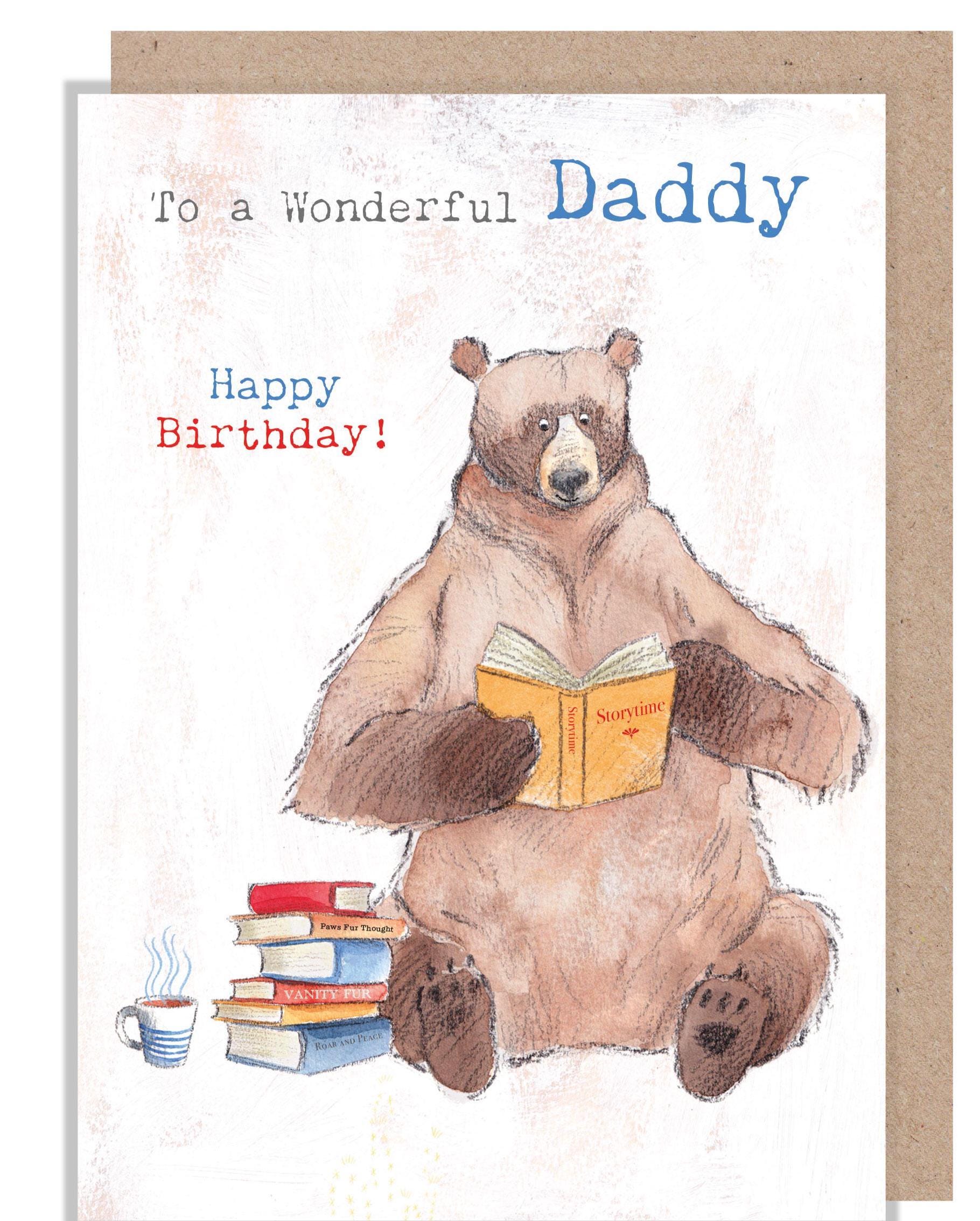 Daddy Birthday card, Quality Greeting Card, Bear reading books 'Hey Bear' range, Fun hand drawn Illustrations, made in UK, HBE09