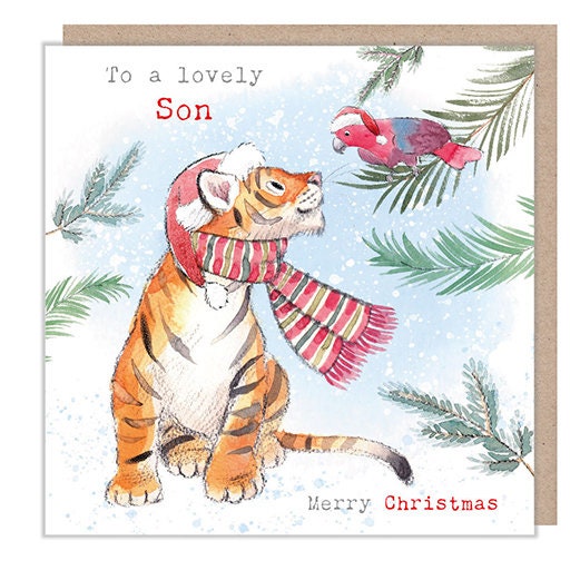 Son - Quality Christmas Card - 150 x 150mm - Charming Tiger illustration - 'Wonderfully Wild'  range - Made in UK -  WWX013