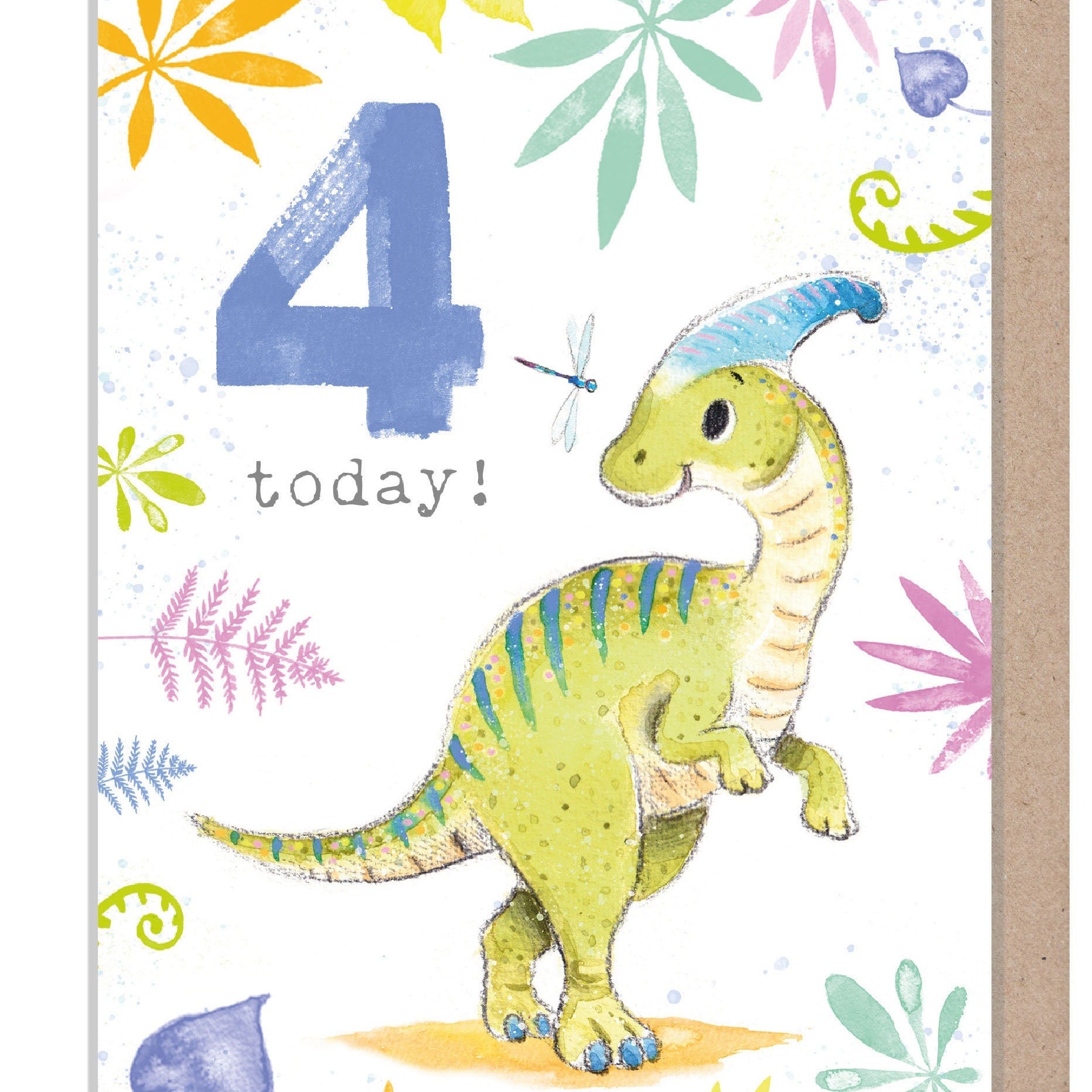 Kids Birthday Card - Age 4 - 'Totally Roarsome' range - Cute Dinosaur illustration - Parasauralophus - TR04