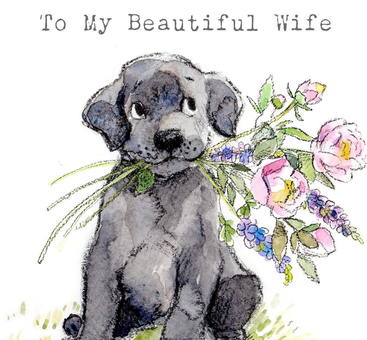 Wife Birthday Card: Labrador Dog with Flowers Illustration