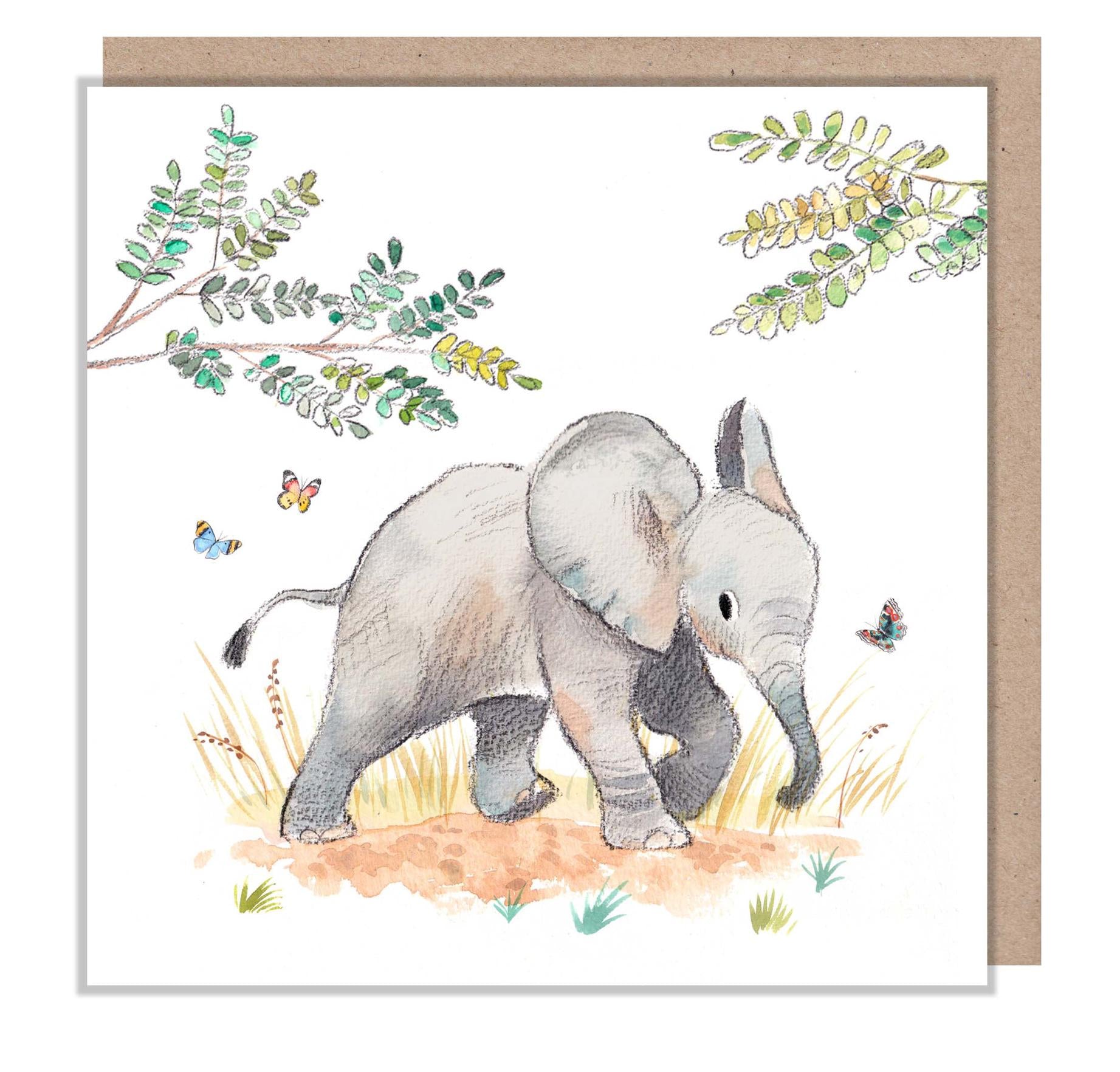 Elephant Blank Card - Charming illustration - Elephant and butterflies - 'Wonderfully Wild'  range - Made in UK -  WWE033