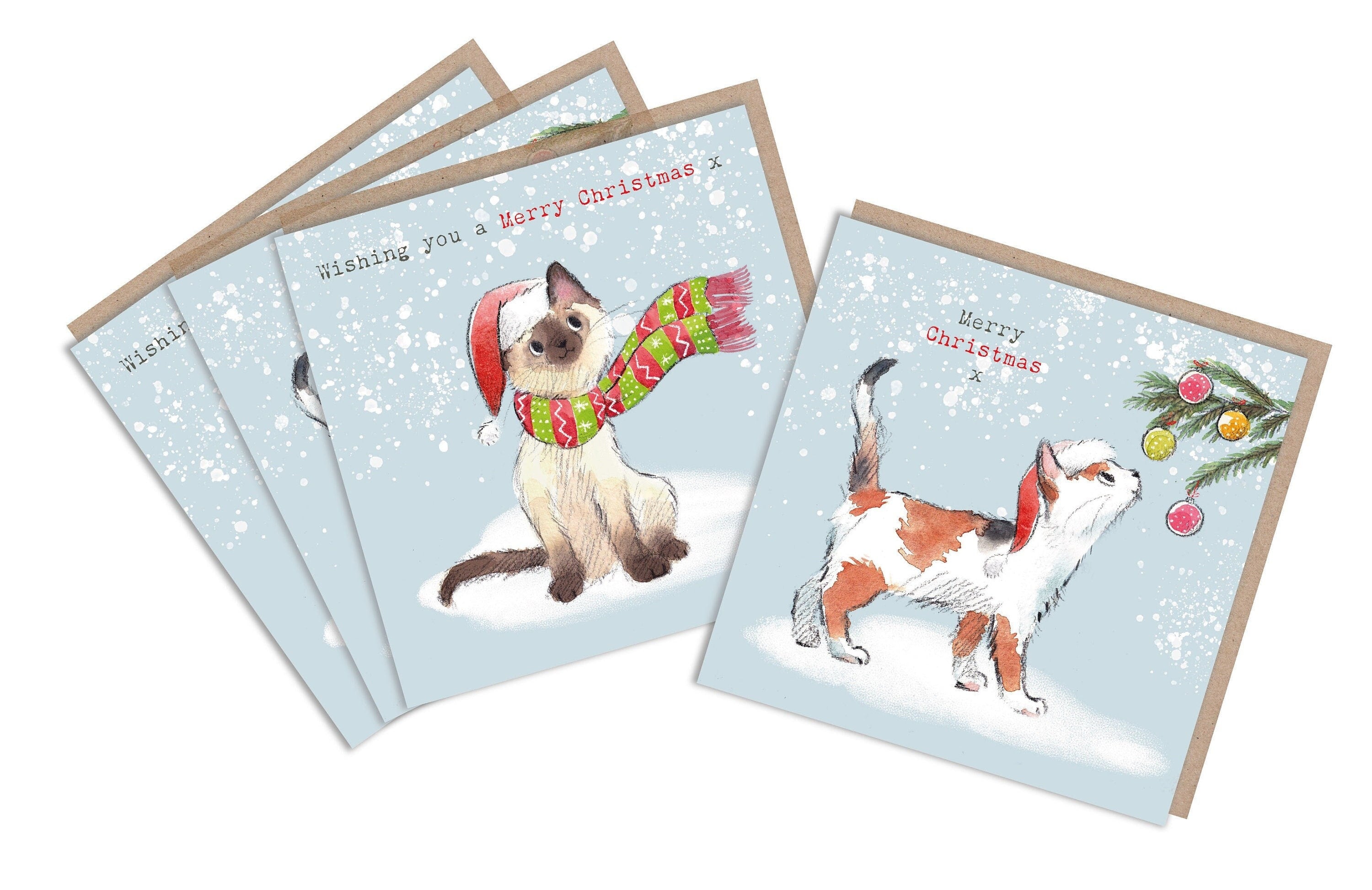 Pack of 4 Quality Christmas Cards - 150 x 150mm - Charming Cat illustrations - 'Pawsitively Purrect' range  - Made in UK - XPP01/XPP03