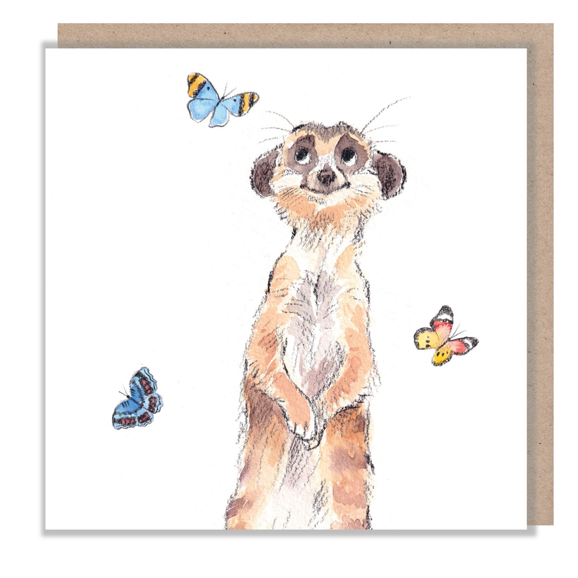 Blank Greeting Card - Charming illustration - Meercat with butterflies - 'Wonderfully Wild'  range - Made in UK -  WWE015