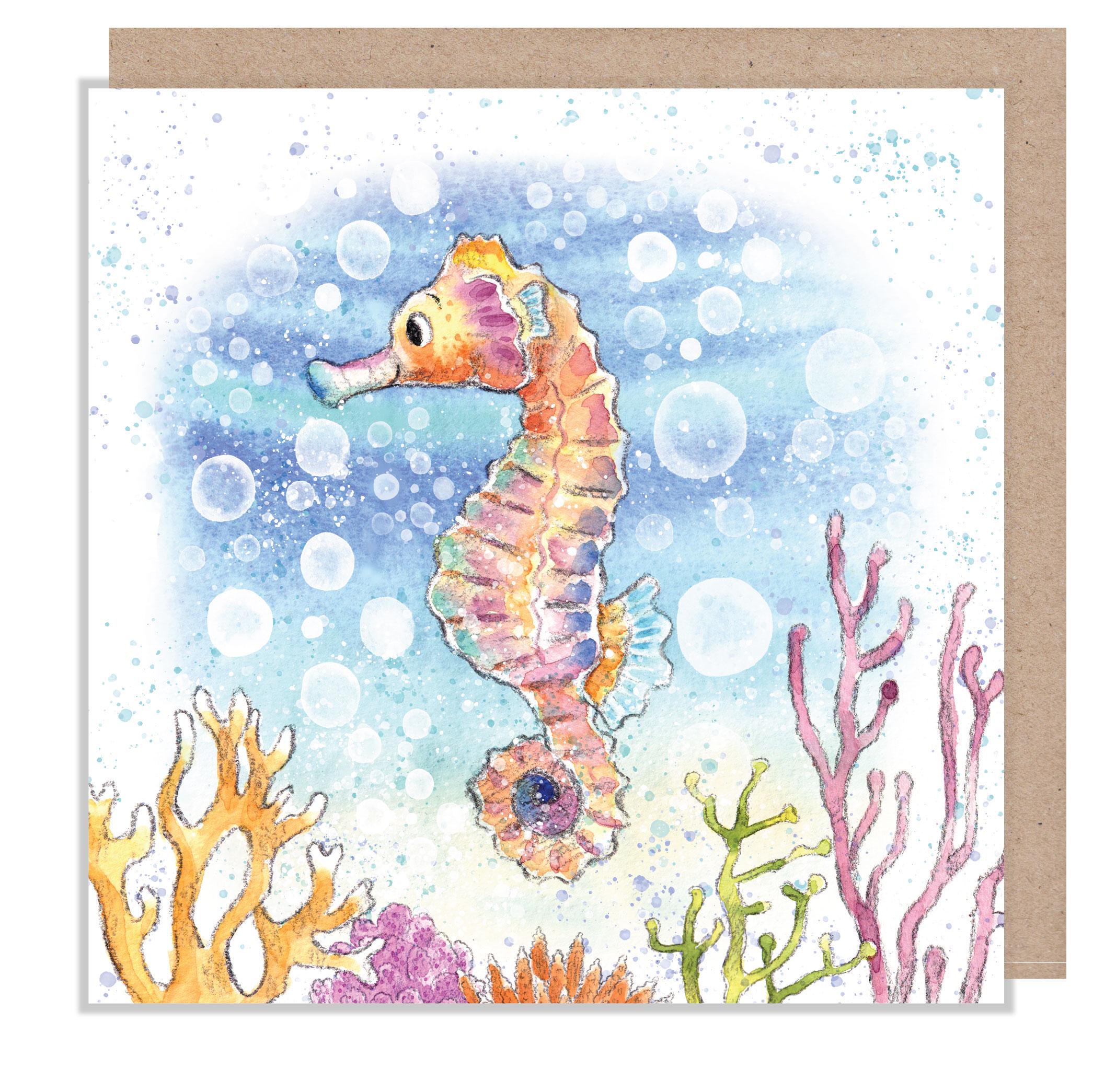 Sea Turtle - Seahorse -  Quality greeting Card - 'by the Seashore' range - made in UK - SEA015