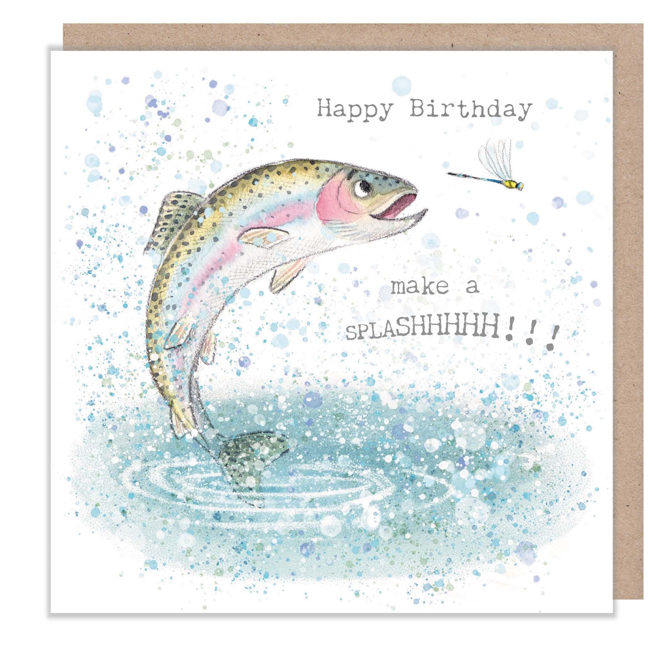 Birthday Card-  Jumping Fish  illustration  - 'Down by the river'  range - Made in UK -  RIV012
