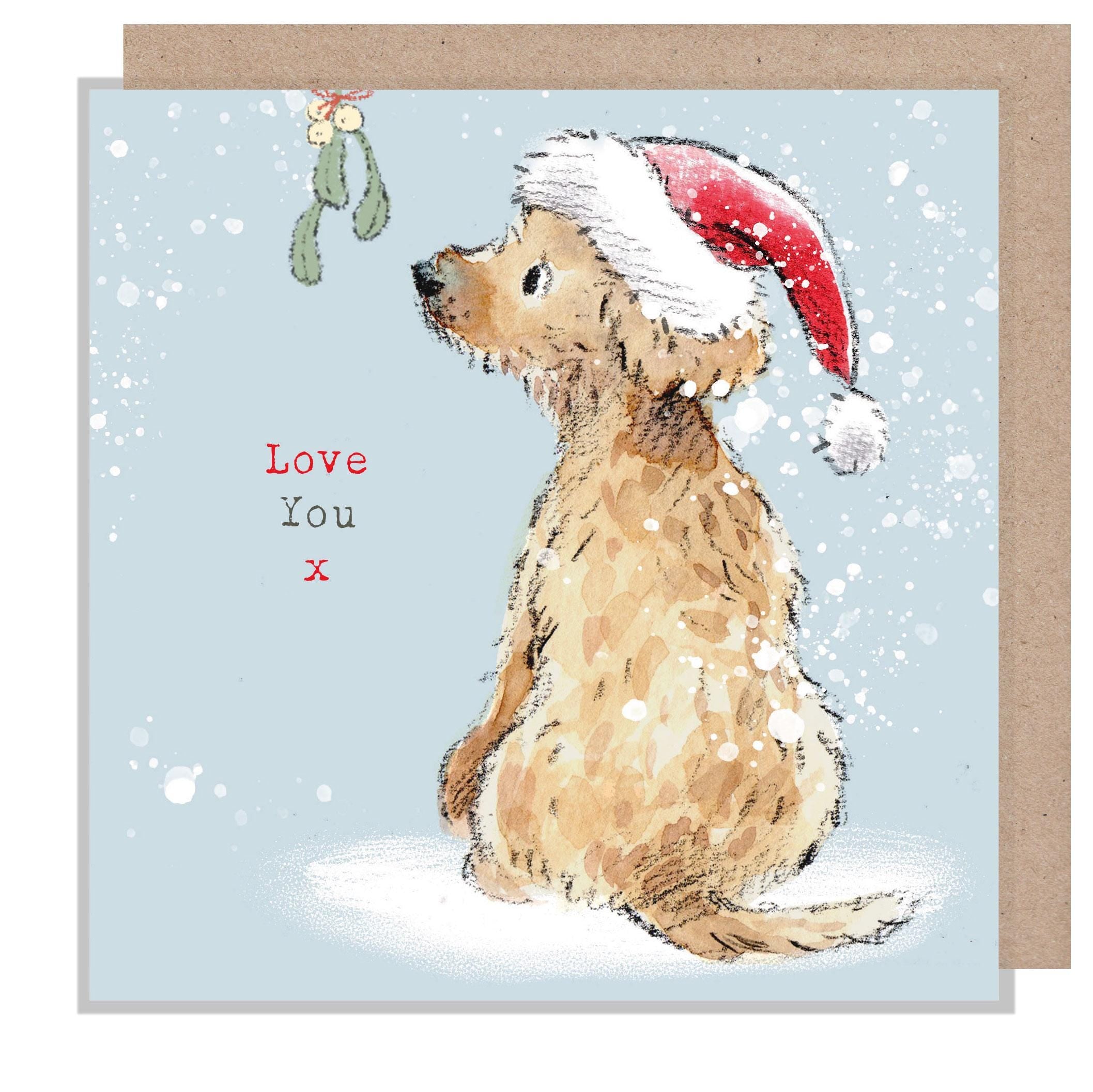 Love You Christmas Card: Dog with Santa Hat Illustration