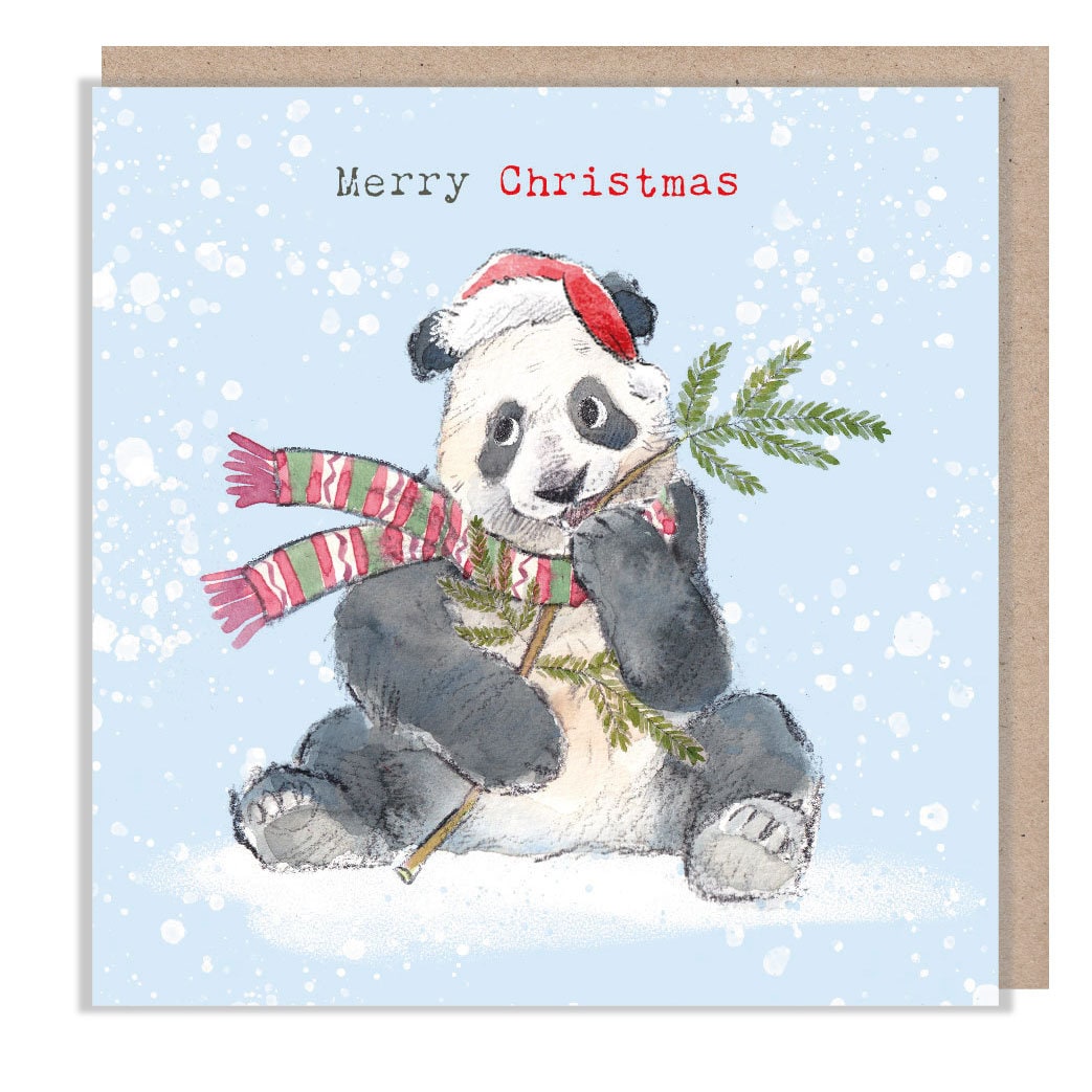 Merry Christmas - Quality Christmas Card - 150 x 150mm - Charming Panda illustration - 'Wonderfully Wild'  range - Made in UK -  WWX02