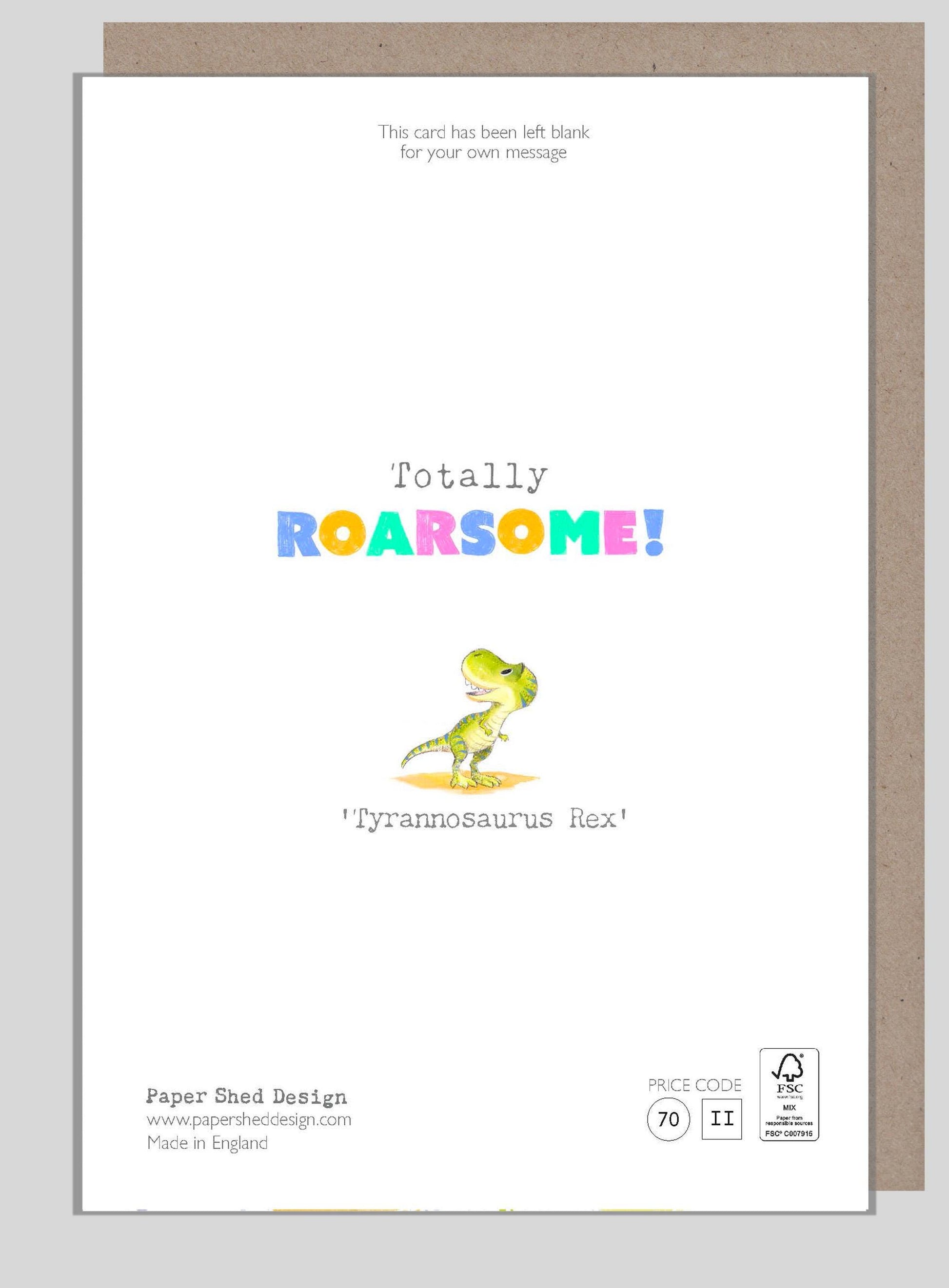 Kids Birthday Card - Age 5 - 'Totally Roarsome' range - Cute Dinosaur illustration - Tyrannosaurus - TR05