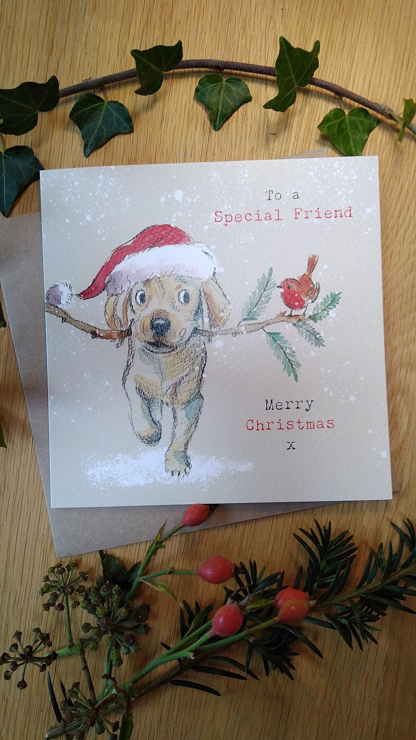 Special Friend Christmas Card - Quality Greeting Card - Charming illustration - 'Absolutely Barking'-  Labrador puppy - Made in UK -  ABX03