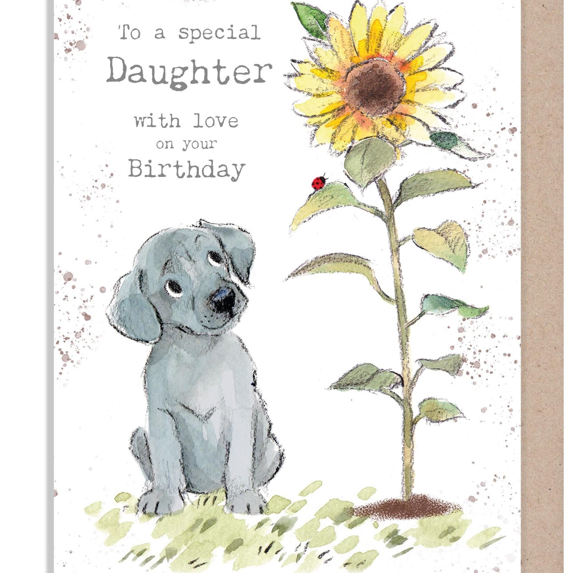 Daughter Birthday Card - Charming Dog illustration - 'Absolutely barking' range - Grey Puppy with Sunflower - Made in UK -  ABE115