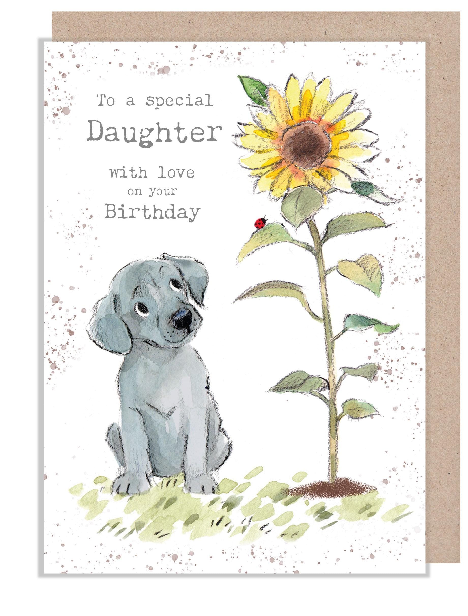 Daughter Birthday Card - Charming Dog illustration - 'Absolutely barking' range - Grey Puppy with Sunflower - Made in UK -  ABE115