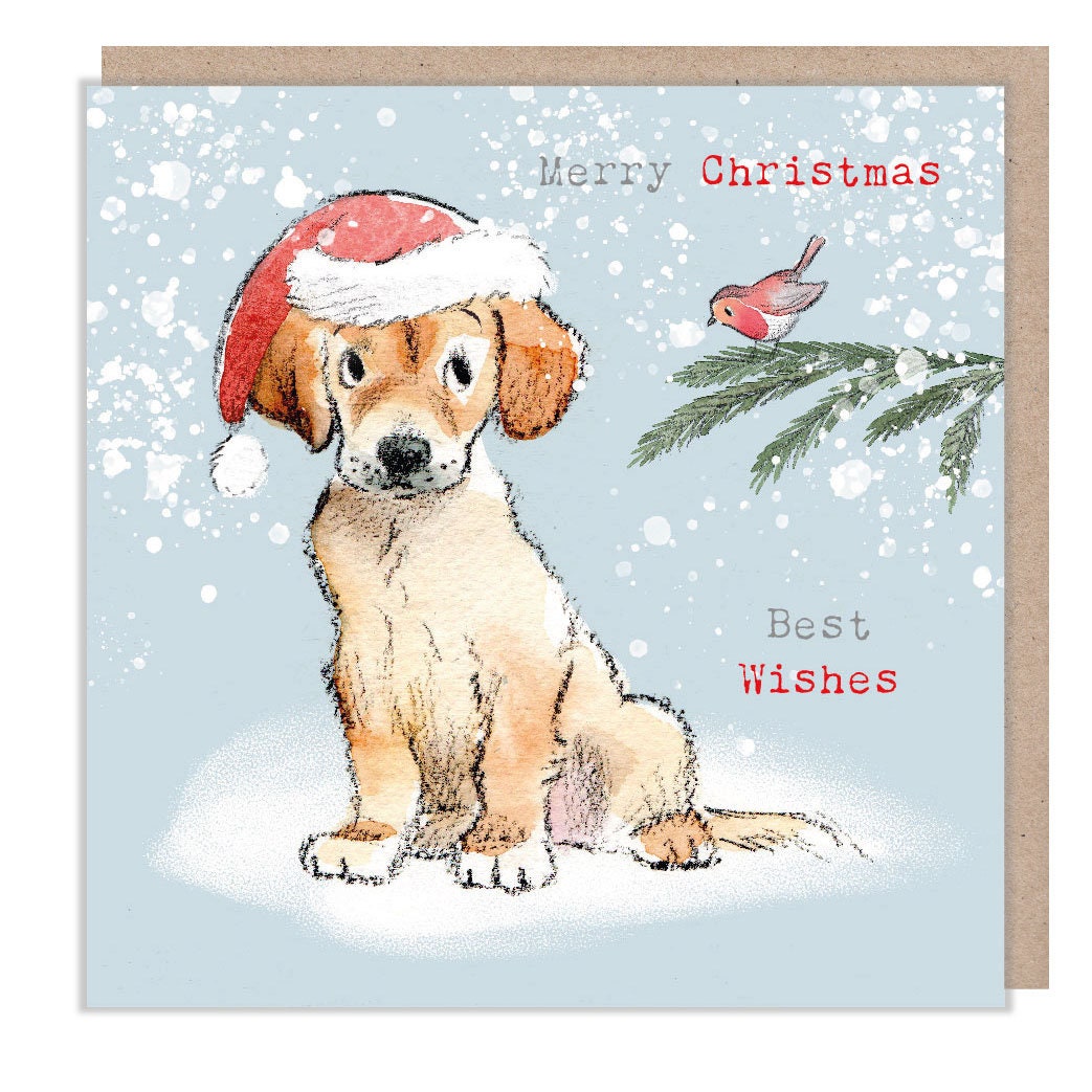 Merry Christmas - Quality Christmas Card - 150 x 150mm -  Charming Dog illustration - 'Absolutely barking' range - Made in UK -  ABX0111