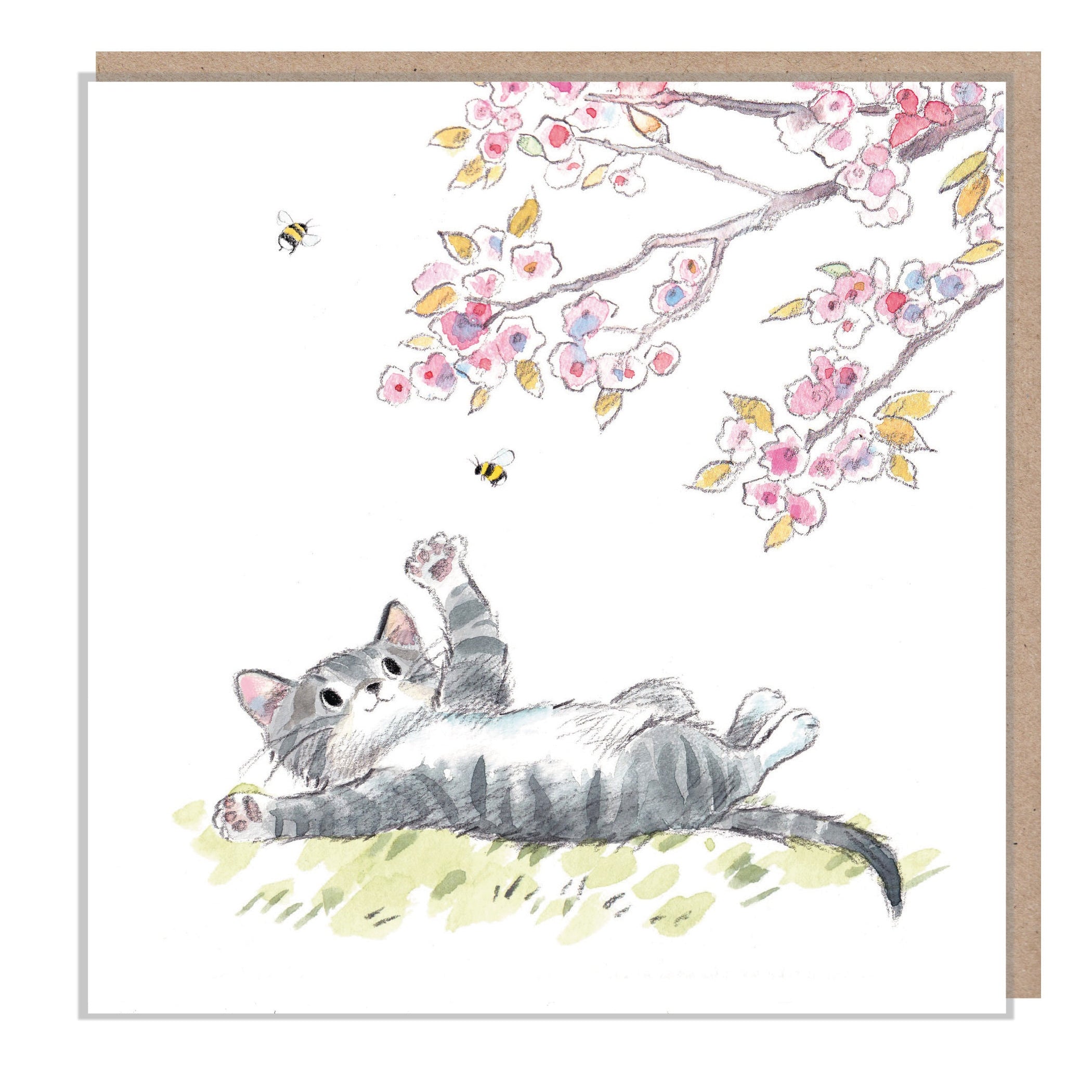 Cat Card: Blossom Tree, Hand-Drawn Illustration - Made in UK