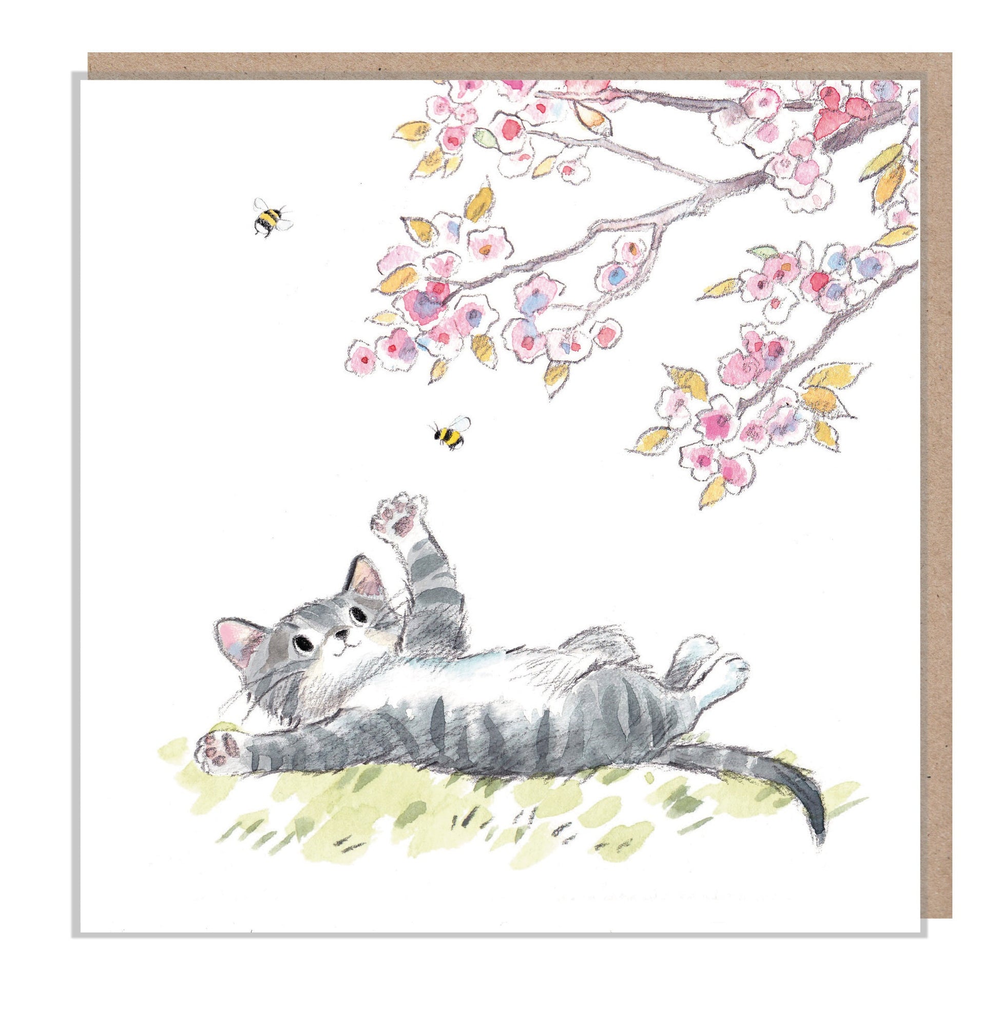 Cat Card: Blossom Tree, Hand-Drawn Illustration - Made in UK