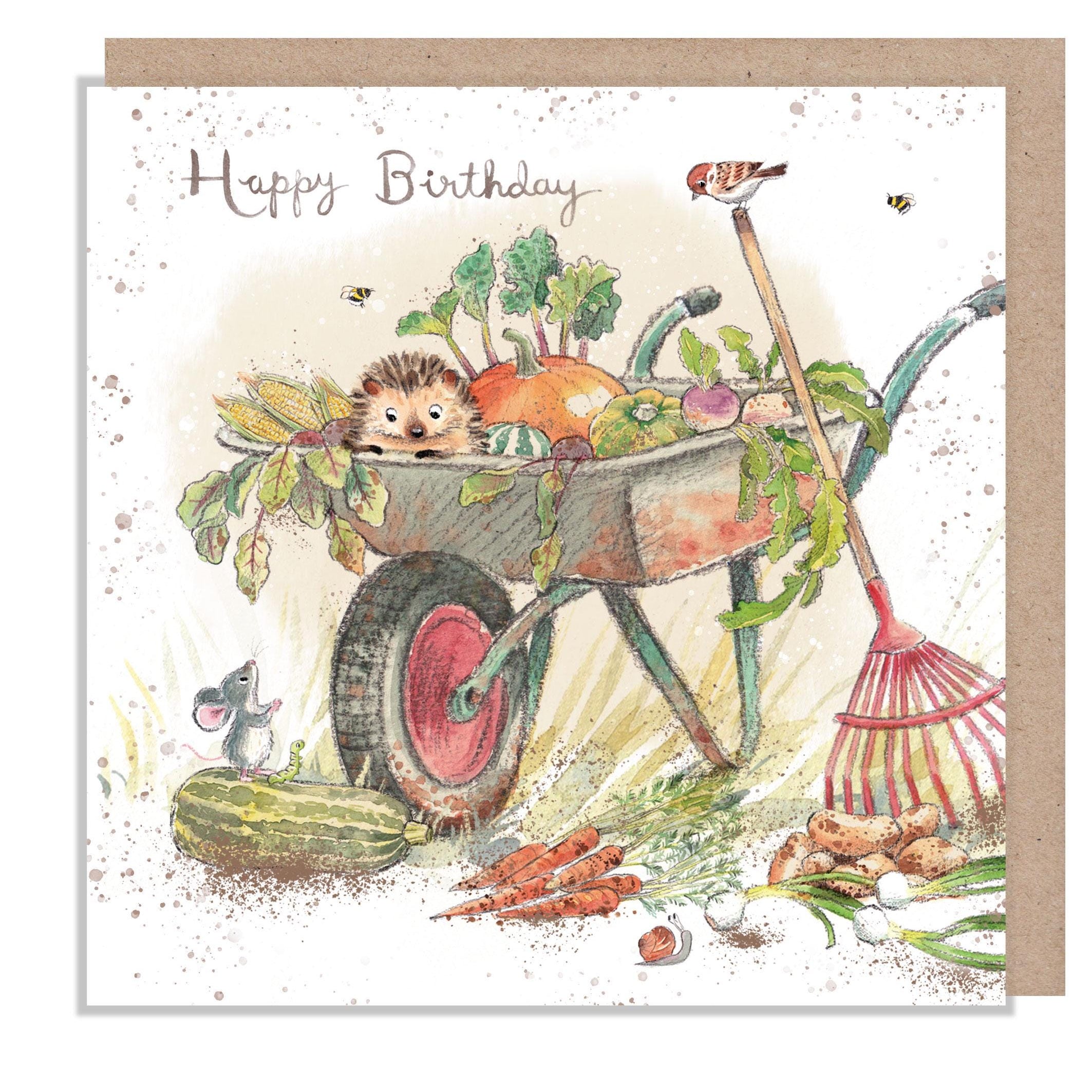 Birthday Card - Quality Card - Charming illustration - Hedgehog in Wheel Barrow - 'Morris and Maude' range - Made in UK -  MME010