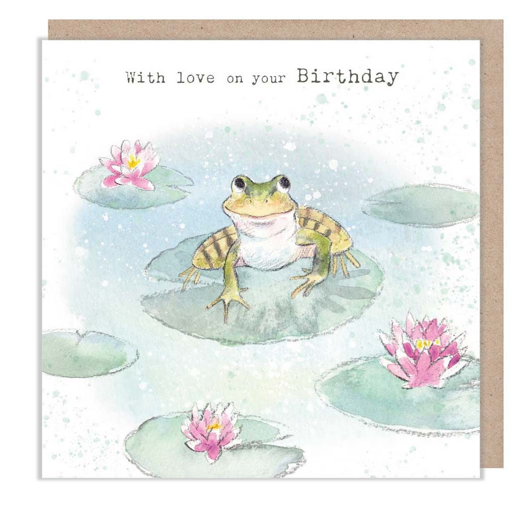 Frog - With love on your Birthday -Quality greeting Card - Frog and waterlily illustration - 'Down by the river' range - made in UK  - RIV04