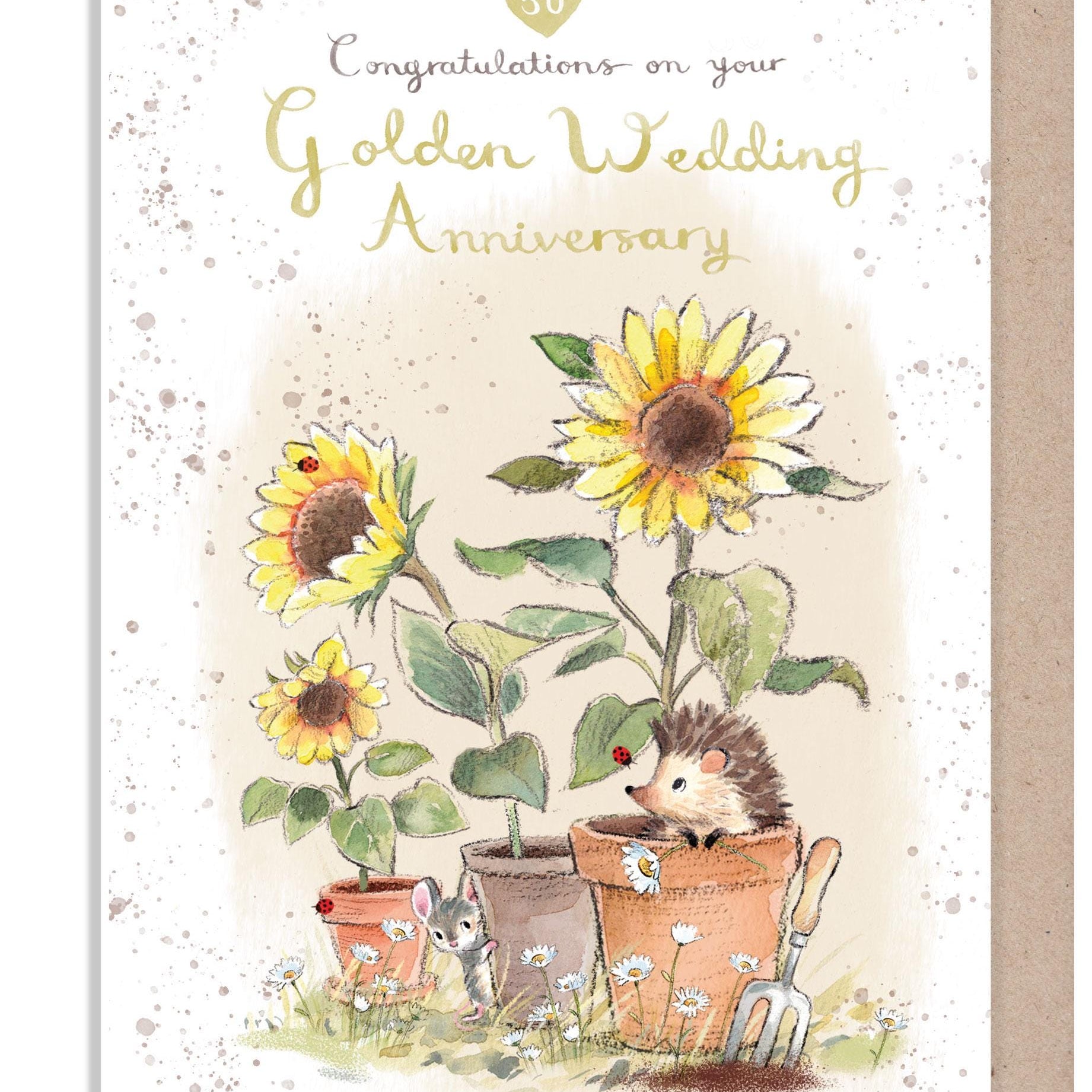 Golden Anniversary - Quality Card - Congratulations on your Golden Wedding - Hedgehog with Sunflowers - 'Morris and Maude' range -  MME022