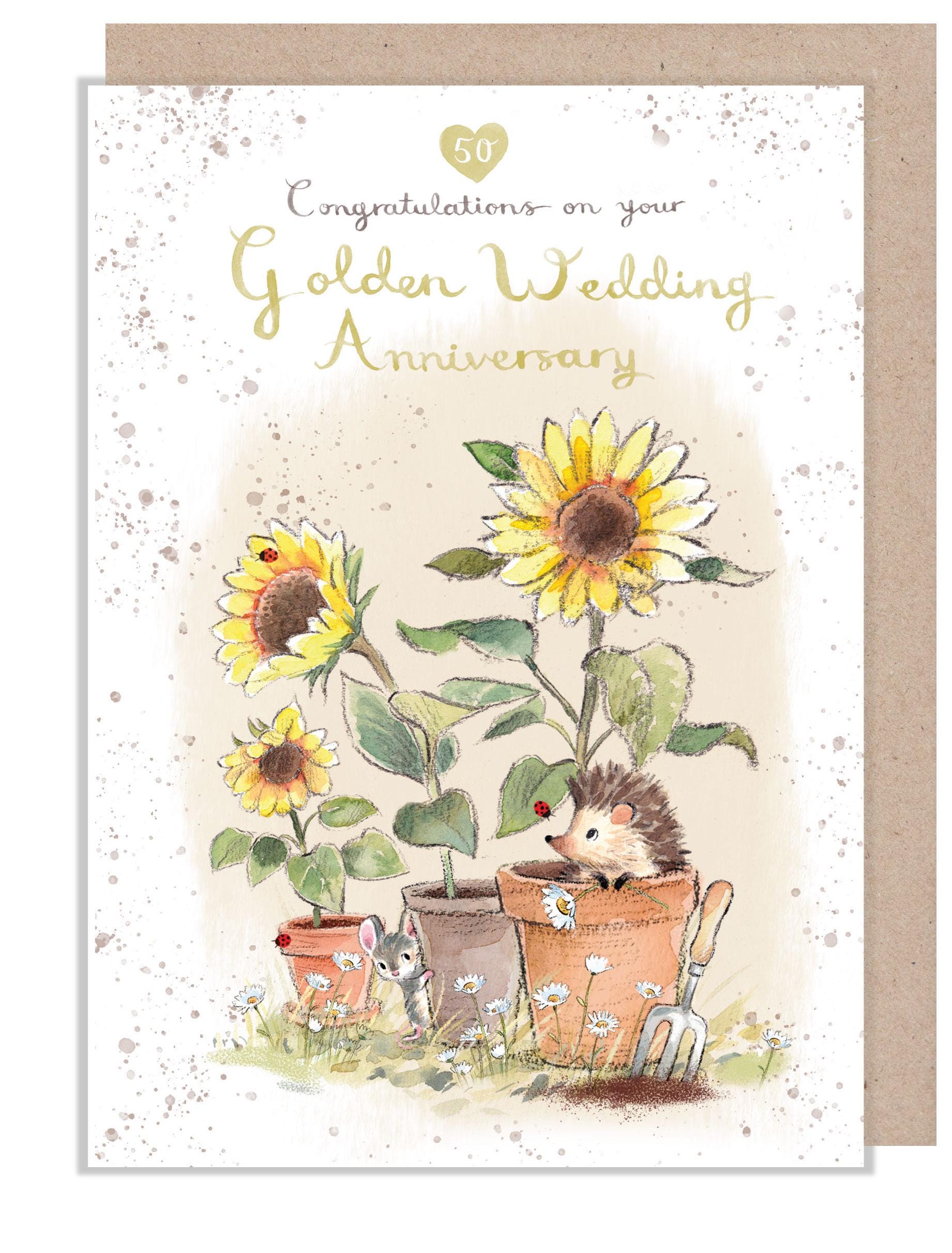 Golden Anniversary - Quality Card - Congratulations on your Golden Wedding - Hedgehog with Sunflowers - 'Morris and Maude' range -  MME022