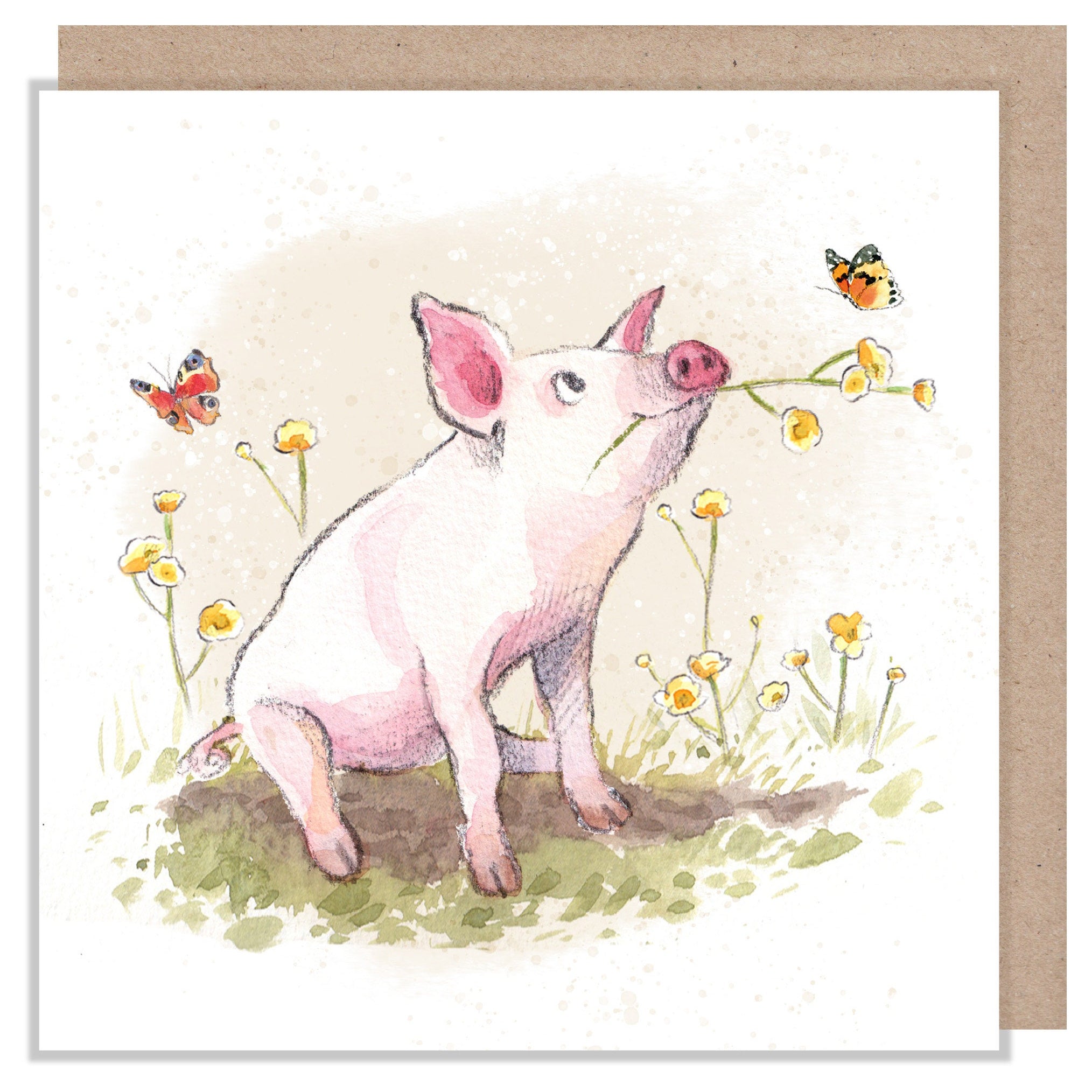 Blank Card - Quality Greeting Card - Charming illustration - 'Buttercup Farm' range - Pig with flowers - Made in UK -  BF09