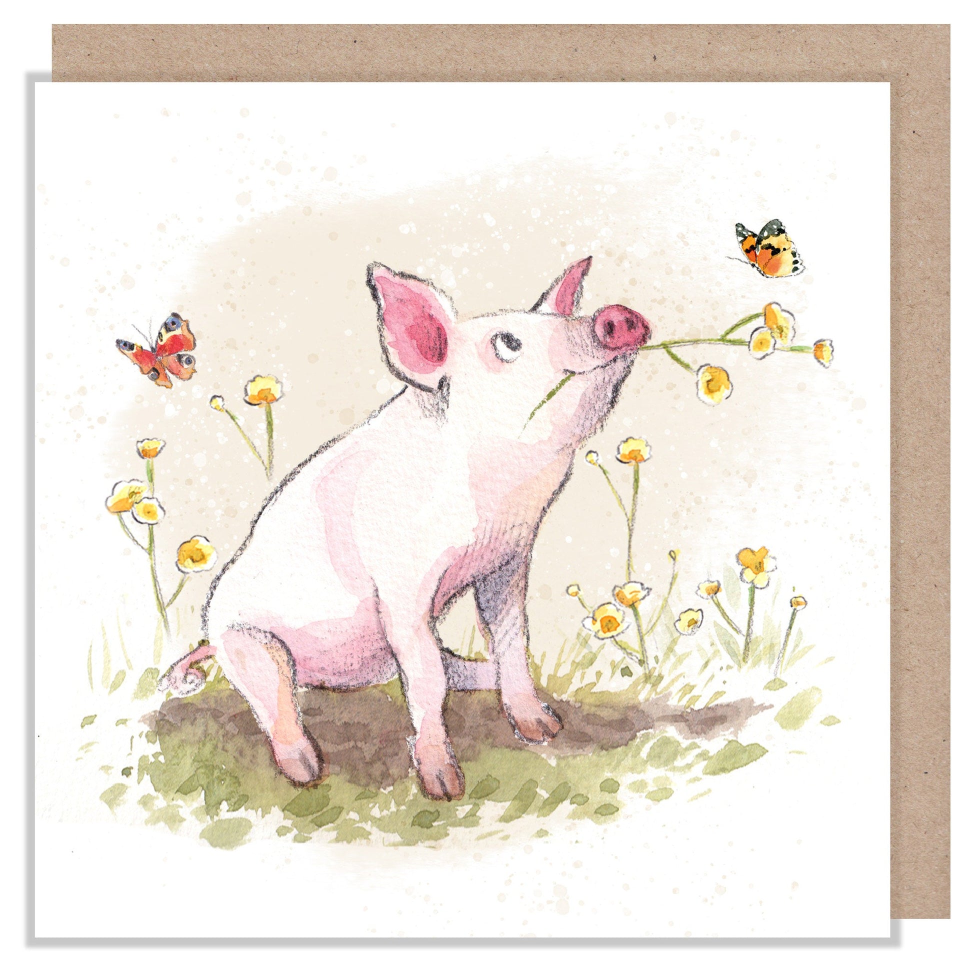 Blank Card - Quality Greeting Card - Charming illustration - 'Buttercup Farm' range - Pig with flowers - Made in UK -  BF09