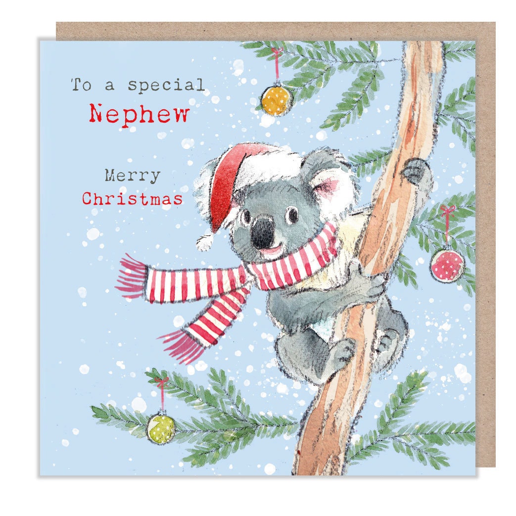 Nephew - Quality Christmas card - Charming illustration - 150 x 150mm -  Koala in tree - 'Wonderfully Wild'  range - Made in UK -  WWX017