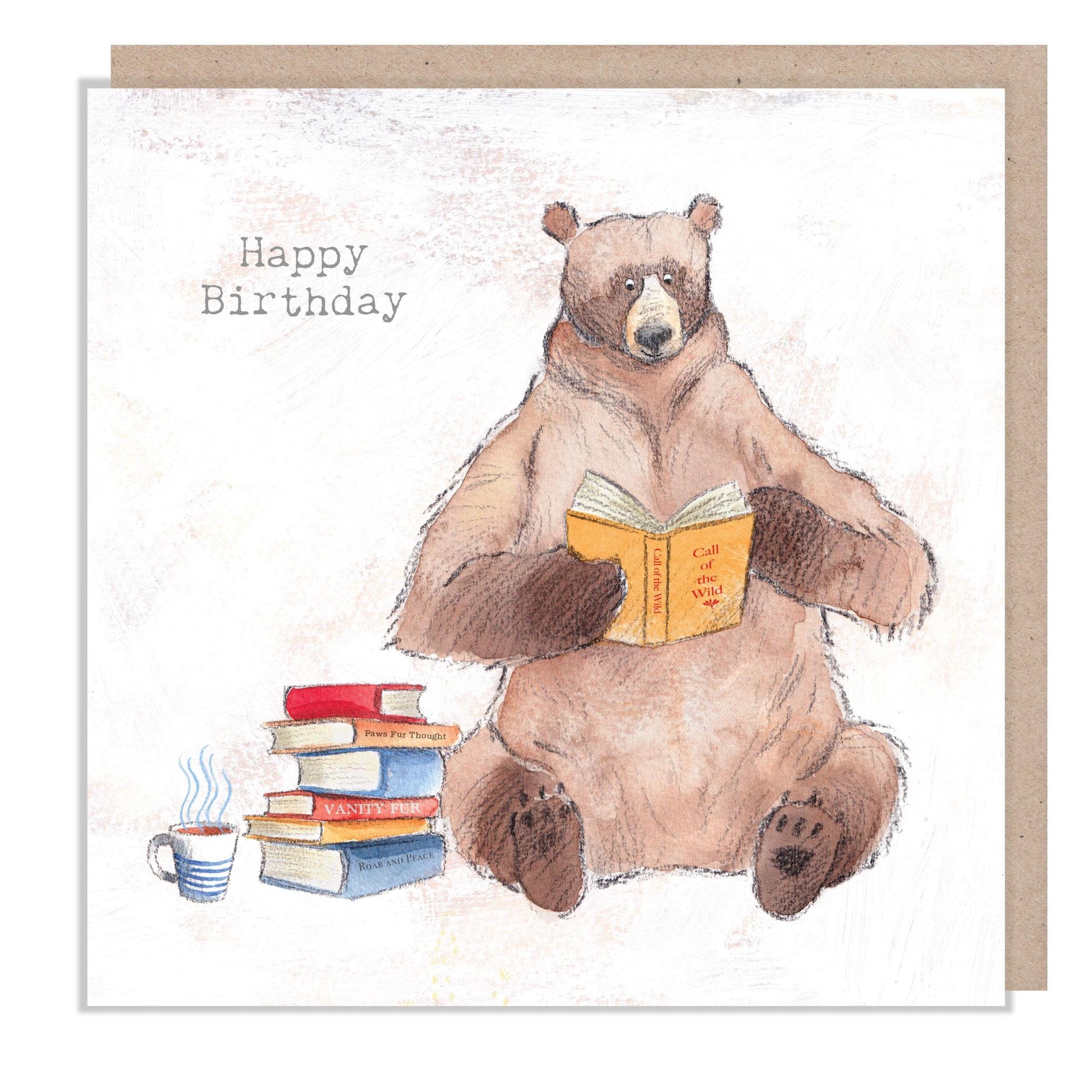 Birthday card - Quality Greeting Card, Bear reading books 'Hey Bear' range, Fun hand drawn Illustrations, made in UK, HBE05