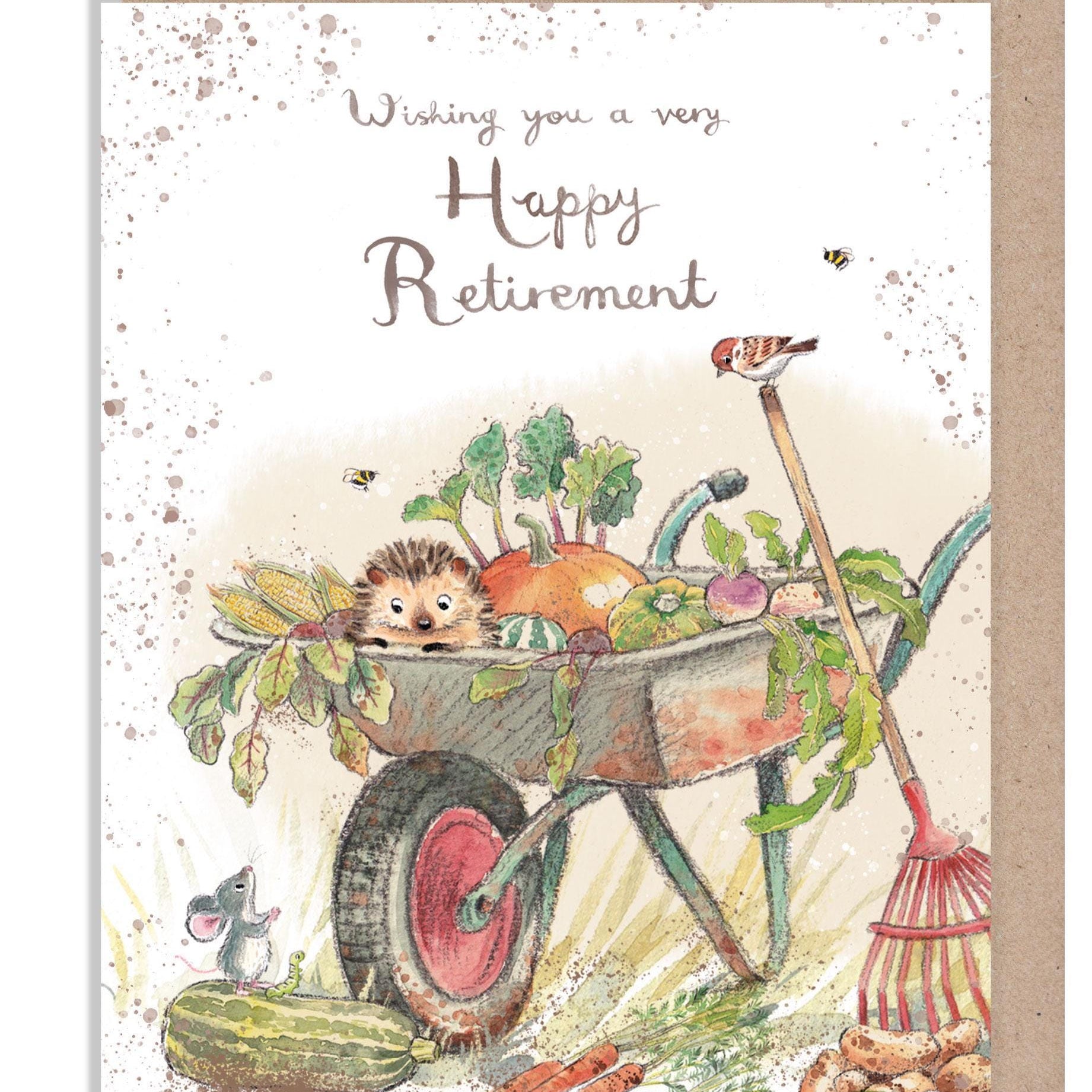 Happy Retirement Card - Quality Card - Charming illustration - Hedgehog in Wheel Barrow - 'Morris and Maude' range - Made in UK -  MME021