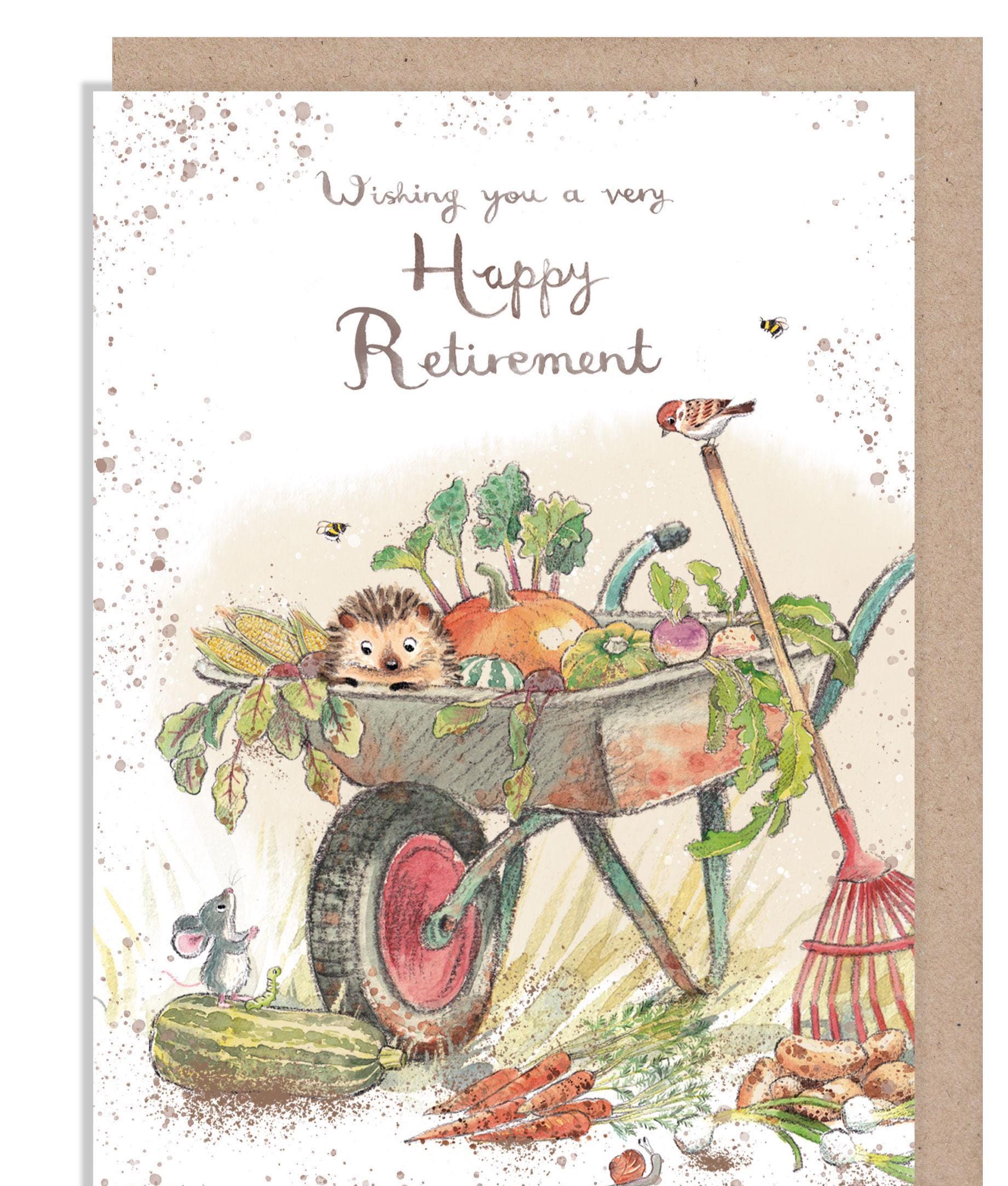 Happy Retirement Card - Quality Card - Charming illustration - Hedgehog in Wheel Barrow - 'Morris and Maude' range - Made in UK -  MME021