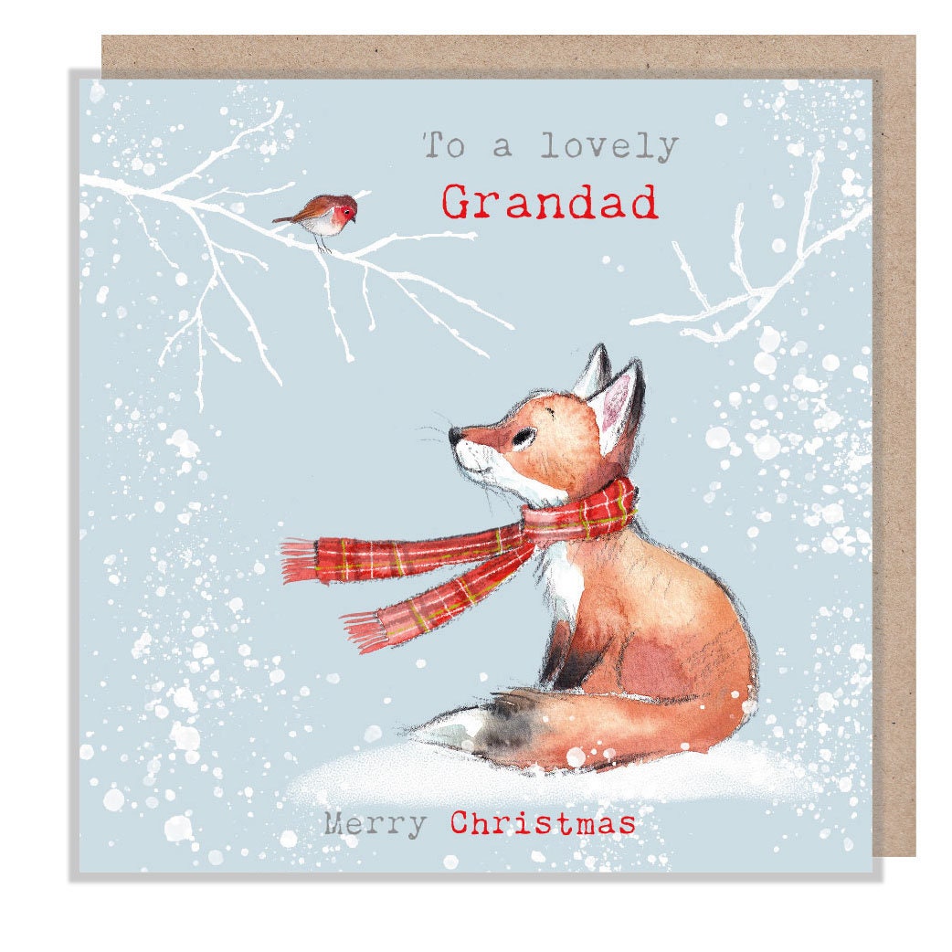Grandad - Quality Christmas Card - 150 x 150mm - Fox and Robin illustration - 'Bucklebury wood' range- Made in UK -  BWX028