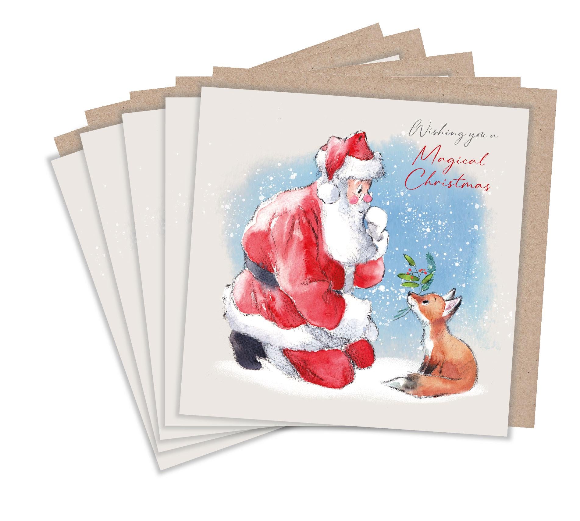 Christmas Card pack 5 small quality cards with brown recycled envelopes -125 x 125mm-  one design - Santa and Fox - XPACK012