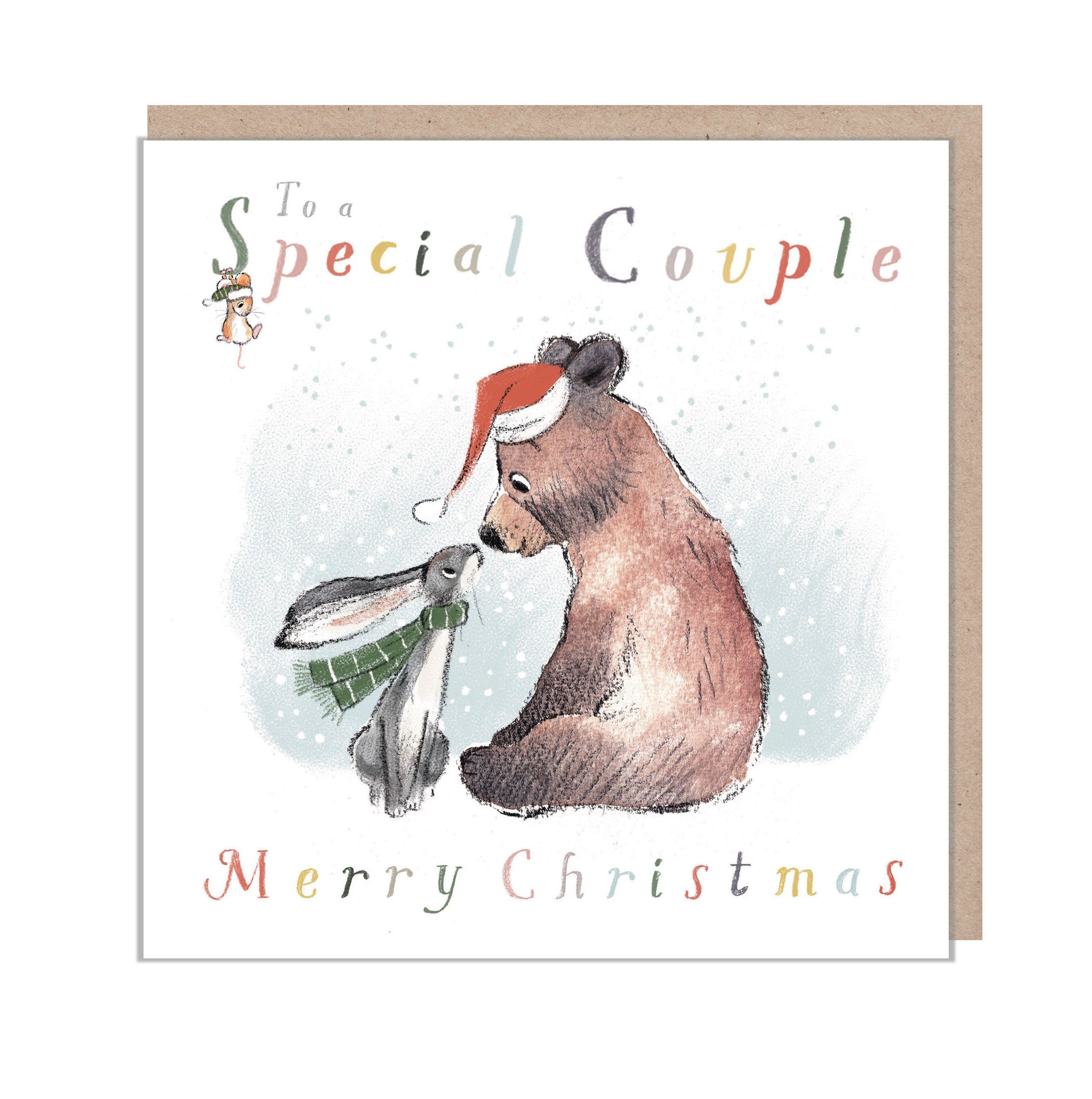 to a Special Couple, Christmas Card, 'the Bear, the Hare, and the Mouse', Cute heart warming  Bear Illustration,  made in UK, BHMX01