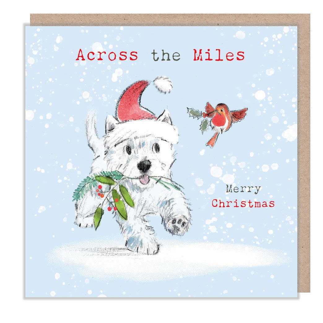 Across the Miles - Quality Christmas Card - 150 x 150 mm - Charming Westie illustration - 'Absolutely barking' range - Made in UK -  ABX116